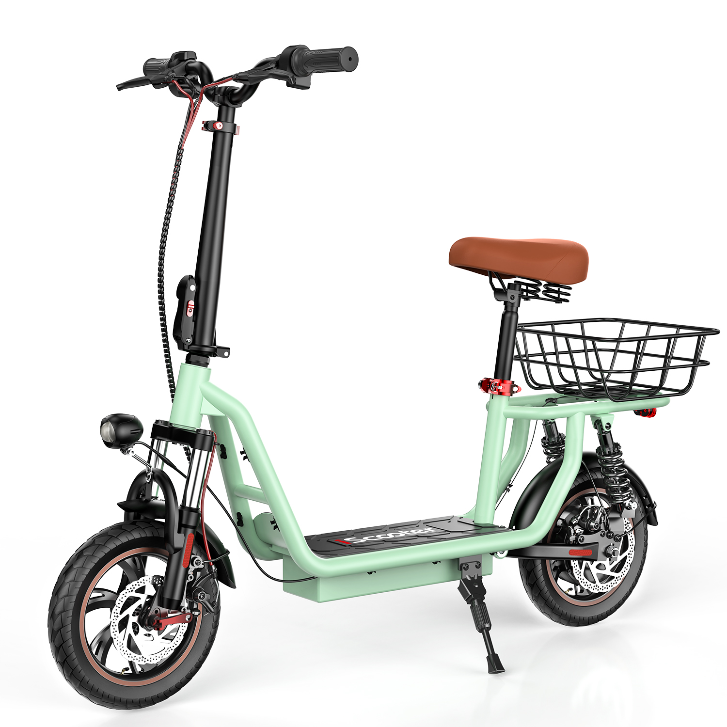 Un monopattino elettrico verde menta con sedile marrone e un cestino. Ha un faro e si trova su sfondo bianco.