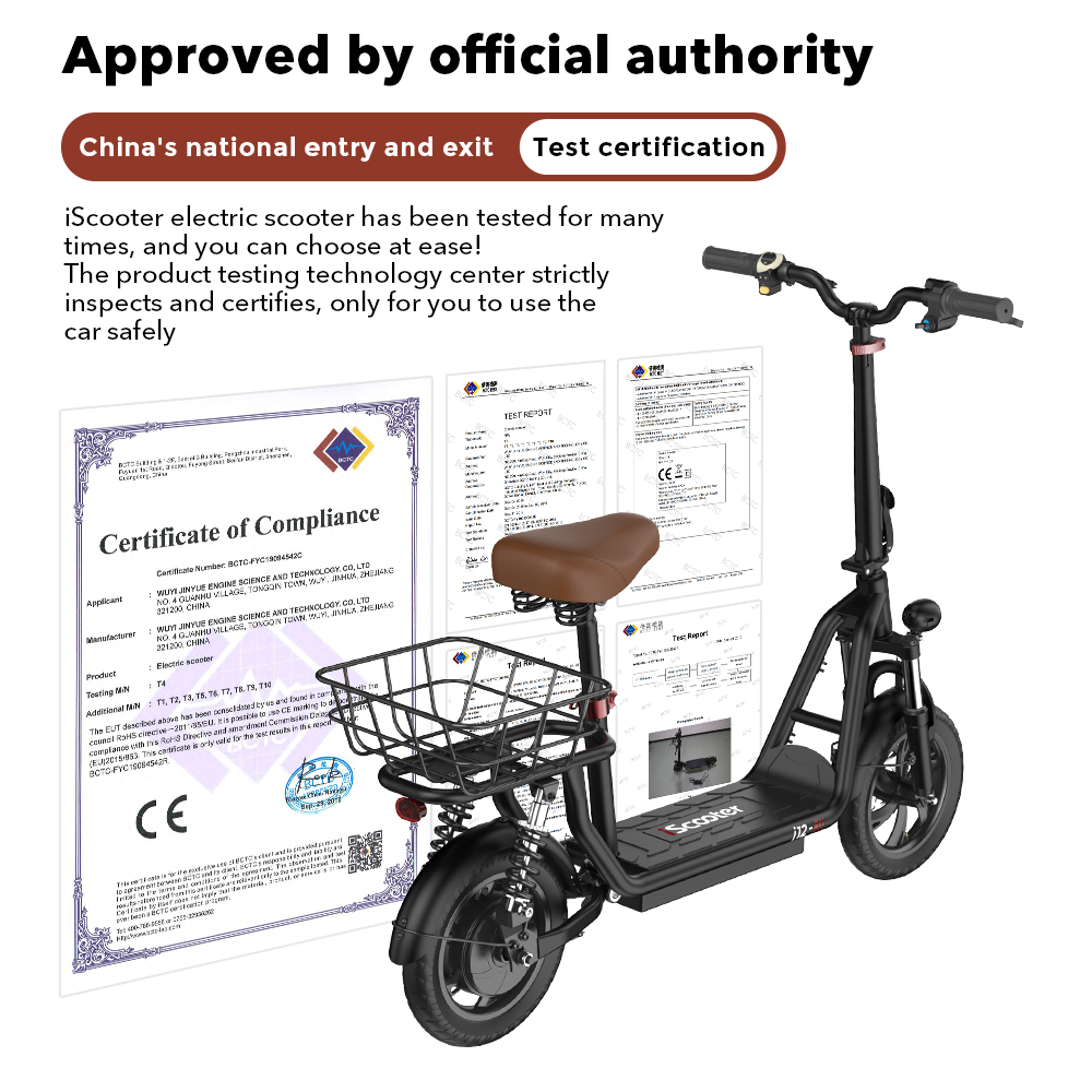 Un monopattino elettrico nero con sedile marrone e un cestino, insieme ai certificati di conformità.