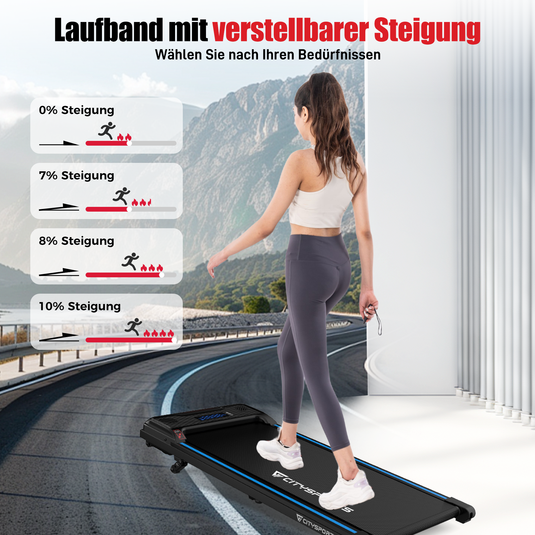 Eine Frau geht auf einem Laufband, mit Illustrationen, die verschiedene Steigungen von 0 % bis 10 % zeigen.