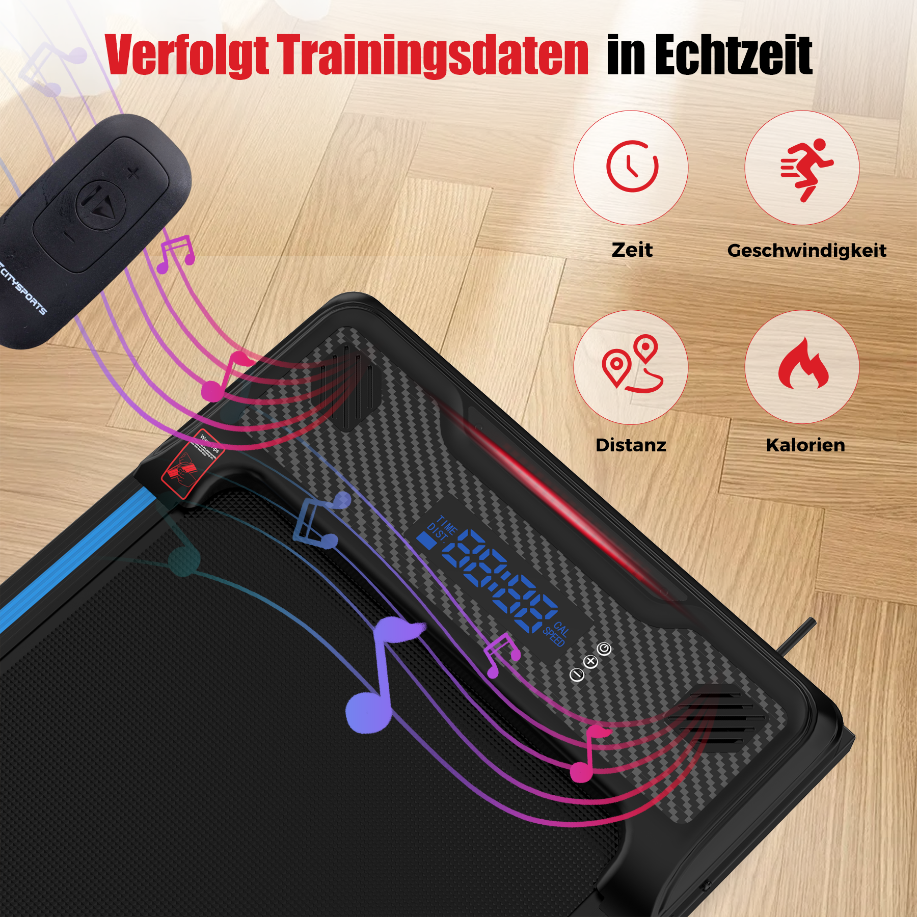 Nahaufnahme eines Laufband-Displays mit Zeit, Geschwindigkeit, Entfernung und Kalorien, mit Noten.