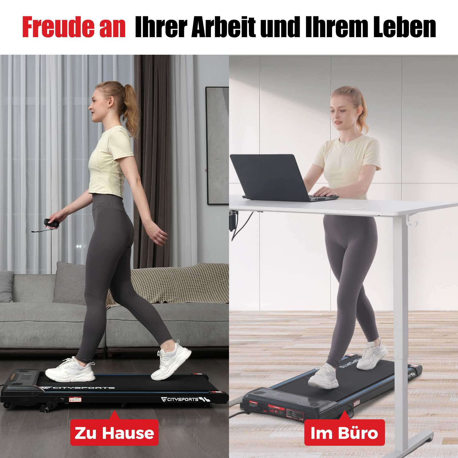 Eine Frau geht zu Hause auf einem Laufband, dann arbeitet eine andere Frau in einem Büro auf einem Laufband.
