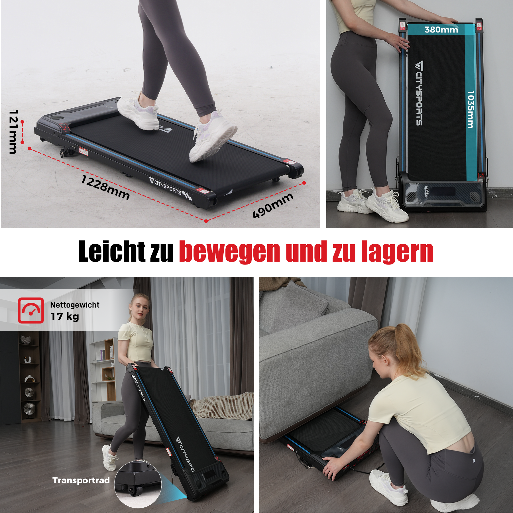 Ein Laufband mit Abmessungen und Transportrollen, mit einer Frau, die es zusammenklappt, und einer anderen, die es wegräumt.