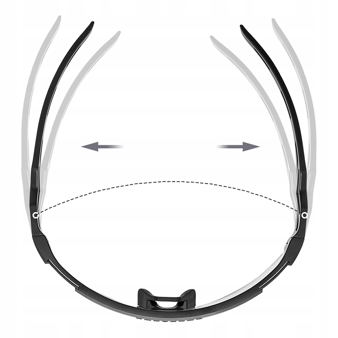 Radbrille, Draufsicht. Schwarzer Rahmen, flexibles Design, Pfeile zeigen Verstellbewegung.