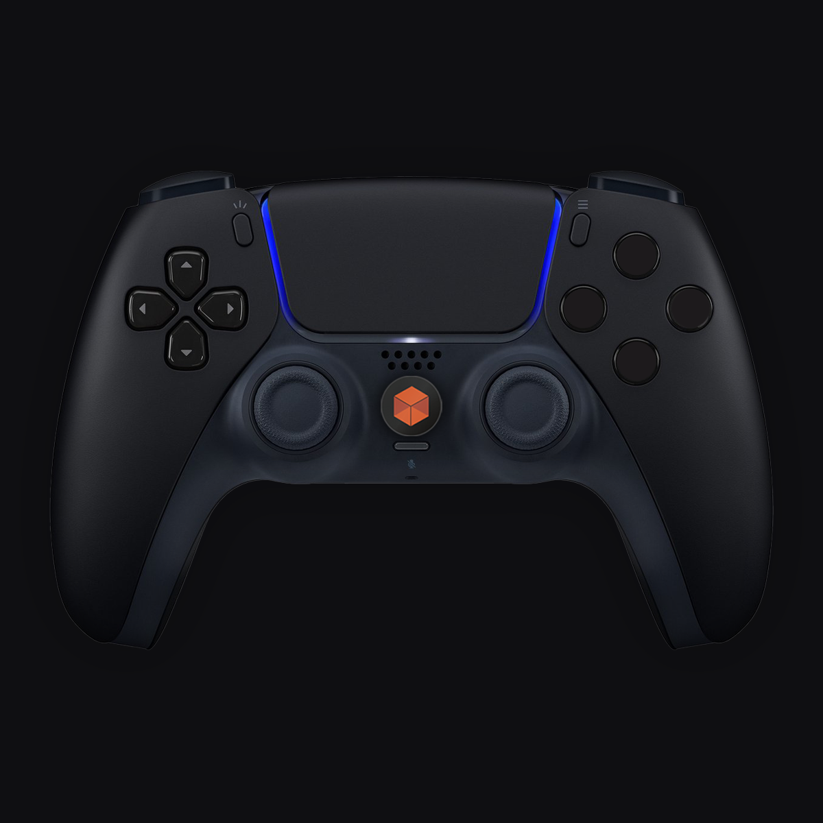 Controller di gioco nero con logo cubo arancione, luce blu e pulsanti direzionali su sfondo scuro.