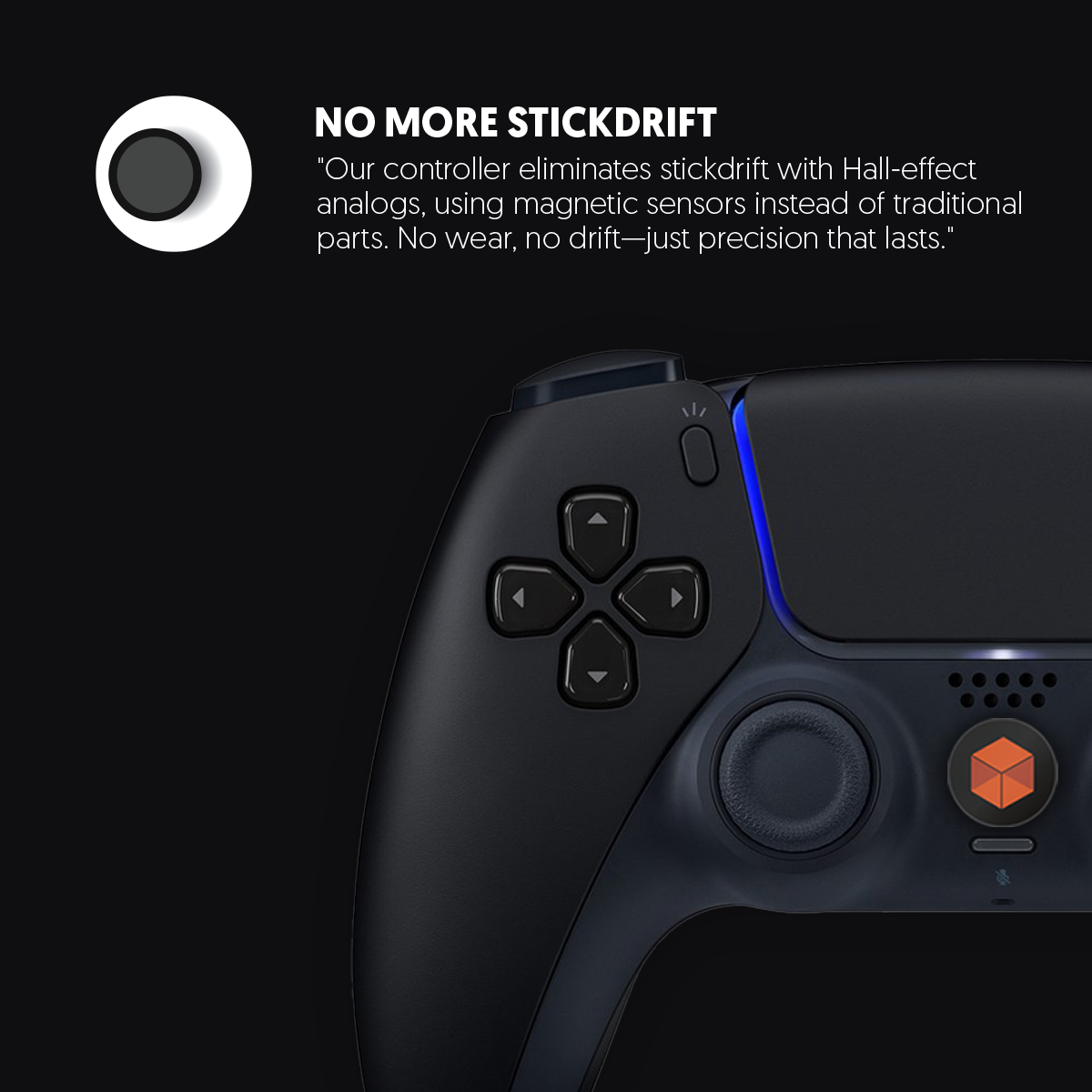 Controller di gioco nero con testo 'NO MORE STICKDRIFT' e una descrizione della tecnologia.