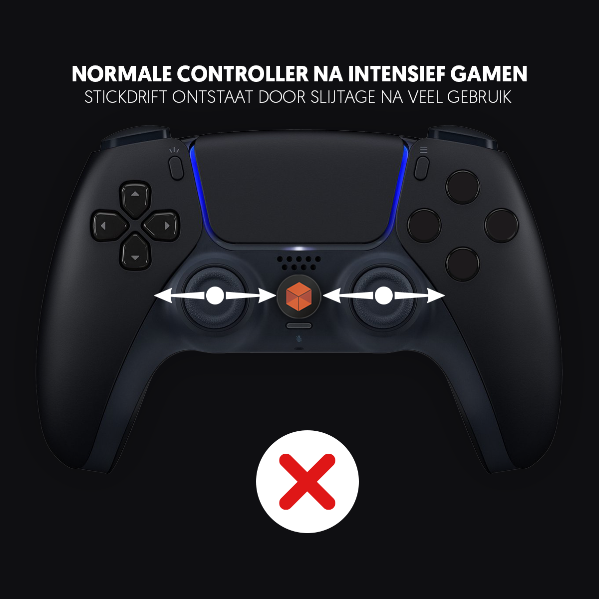 Controller nero con testo e frecce. Mostra il drift dello stick e una X rossa.
