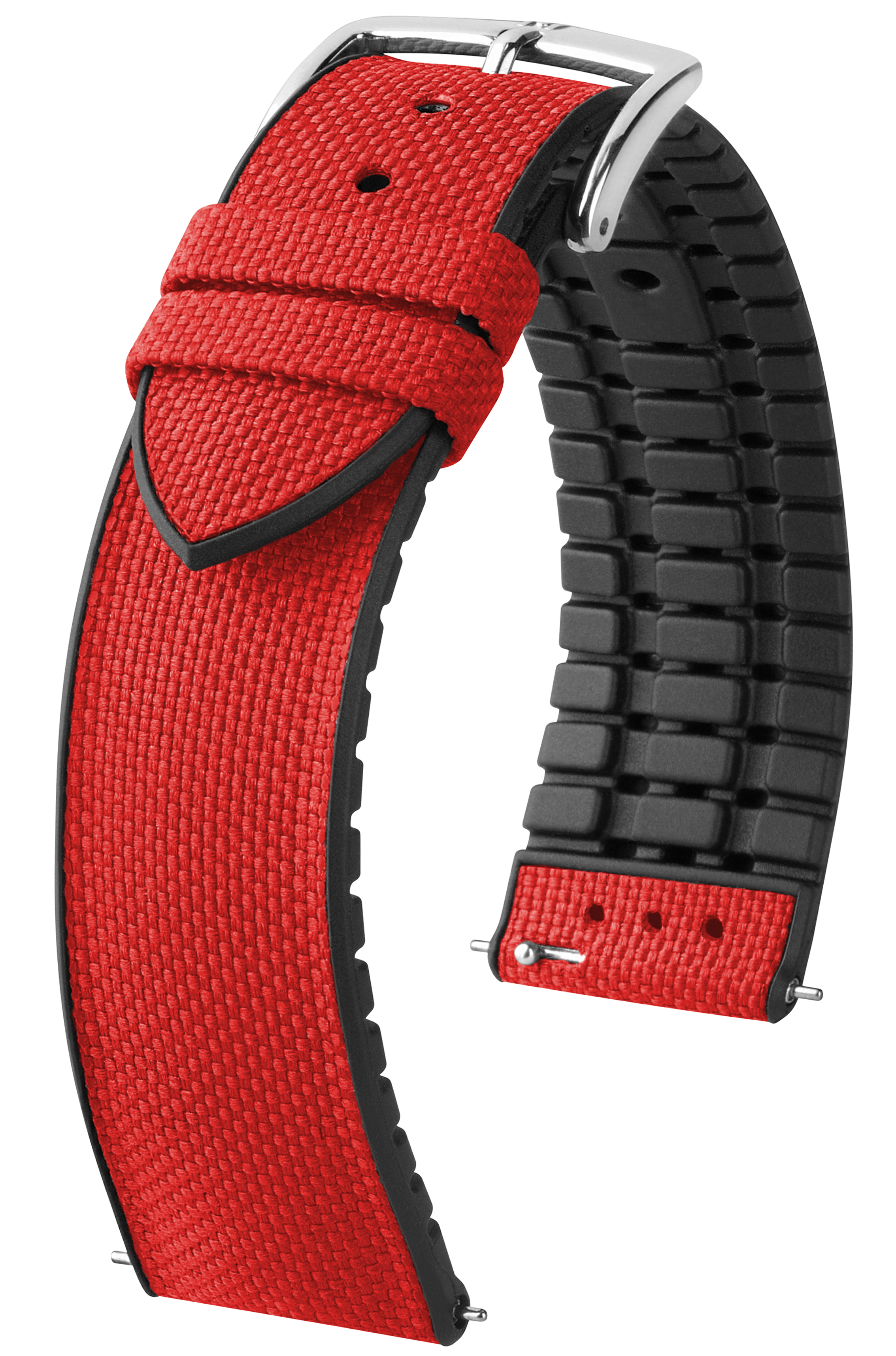 Rotes Uhrenarmband. Roter Canvas über schwarzem Gummi. Schwarze Kanten, silberne Schnalle.