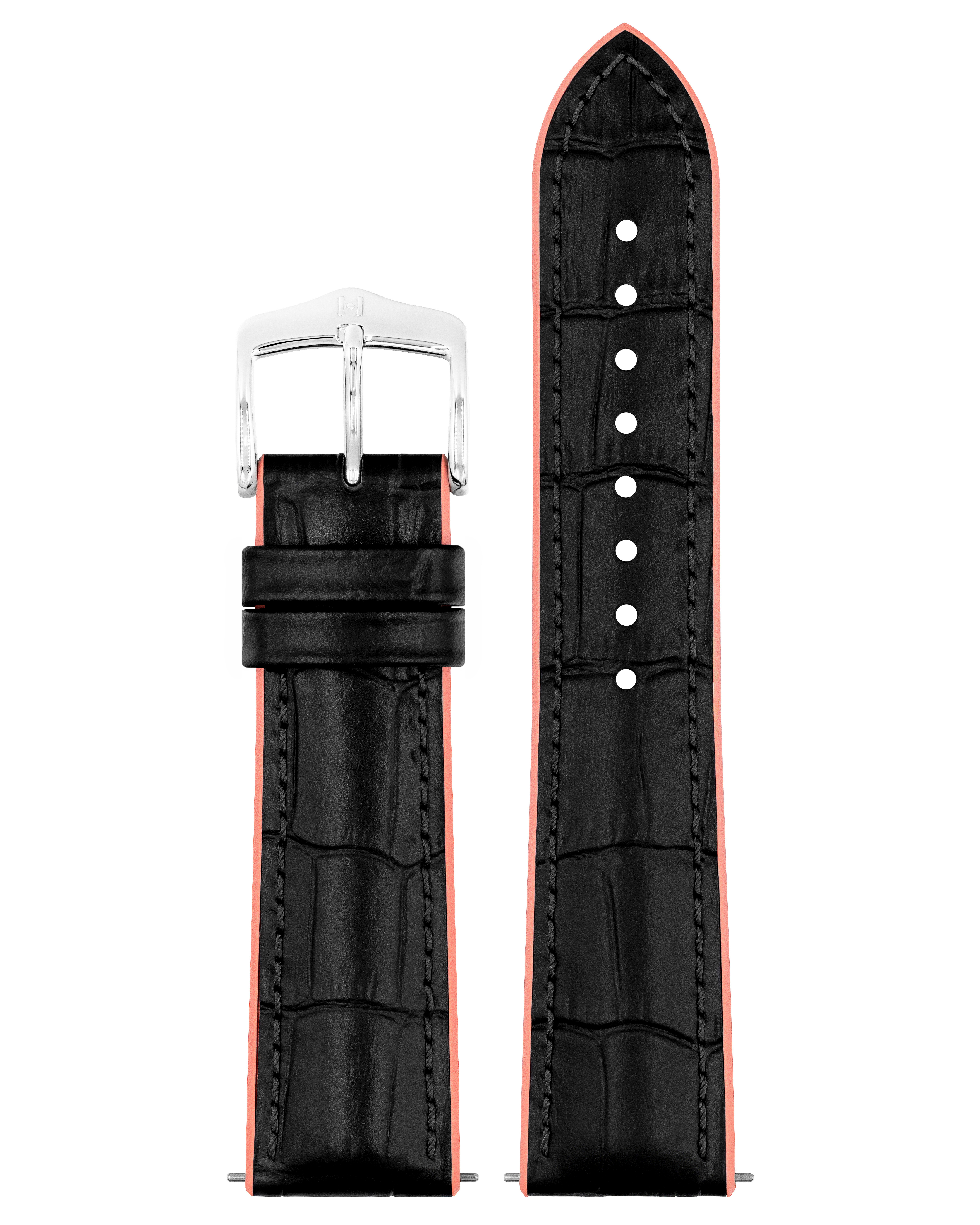 Armbanduhr. Schwarzes Leder über rosa. Silberne Schließe.