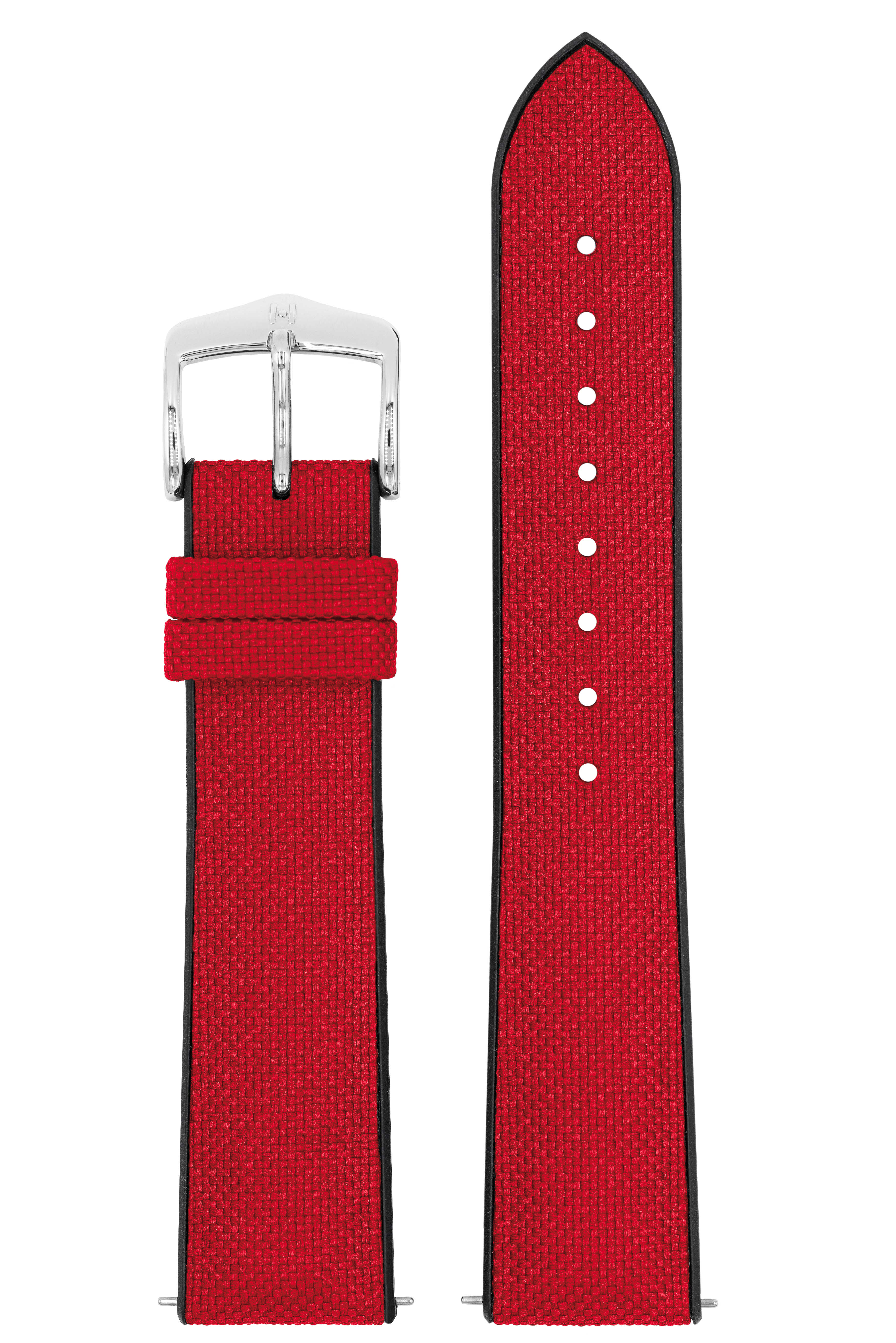 Rotes Uhrenarmband mit schwarzen Rändern und silberner Schnalle. Sichtbare Textur auf weißem Hintergrund.