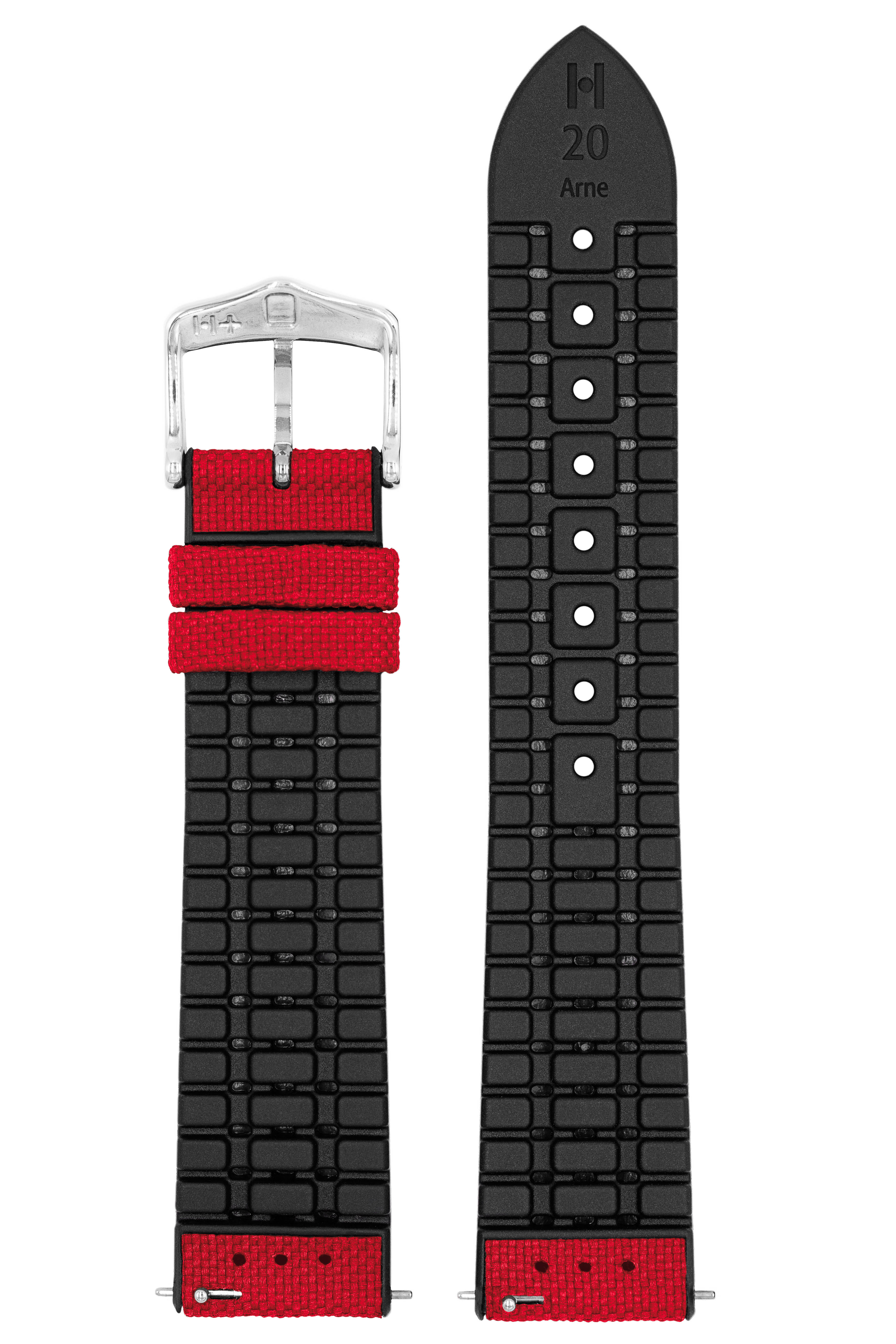 Schwarz-rotes Uhrenarmband mit silberner Schnalle. Text: 'H 20 Arne'. Das Armband hat eine strukturierte Oberfläche.