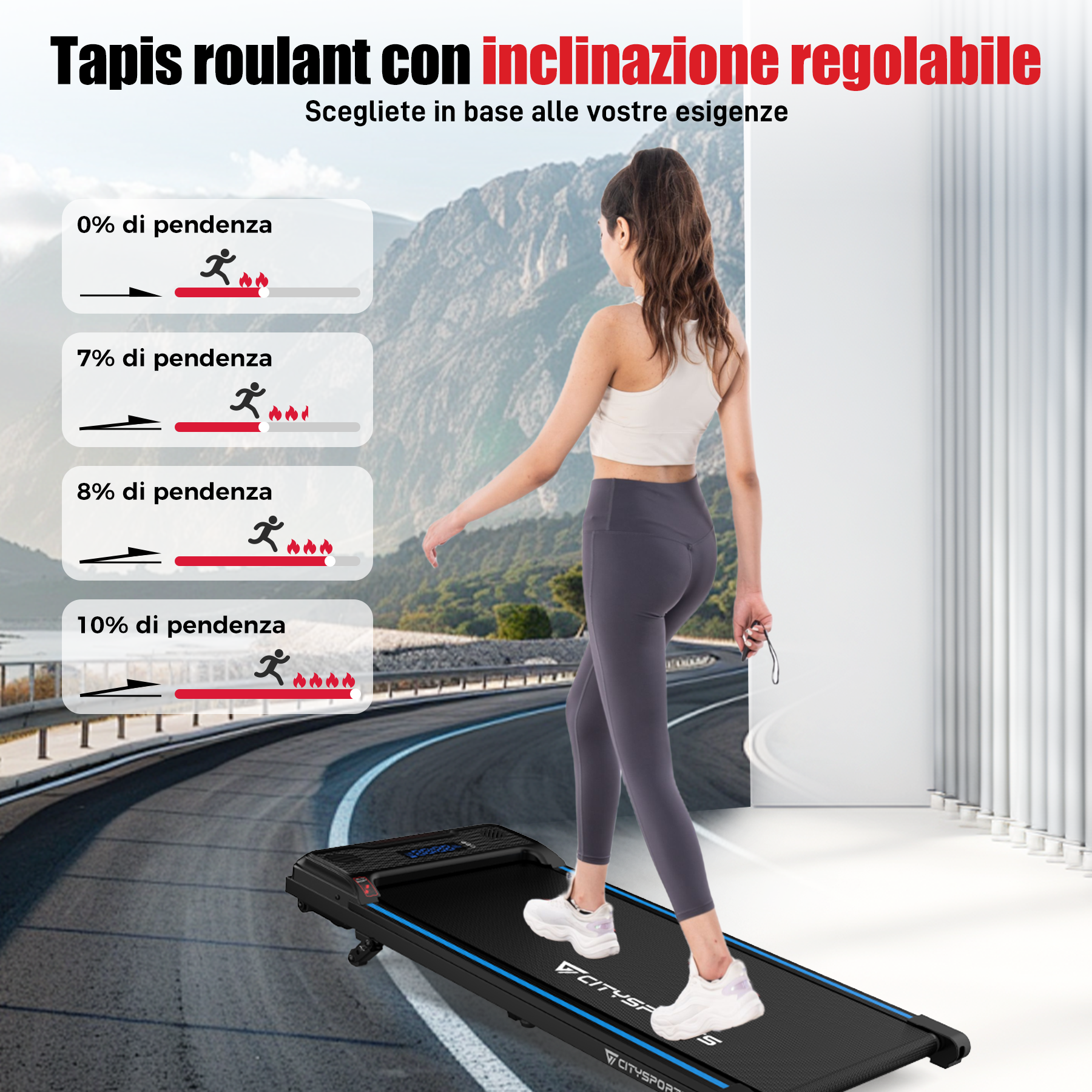 Una donna cammina su un tapis roulant. Il display mostra i livelli di pendenza, dallo 0% al 10%.