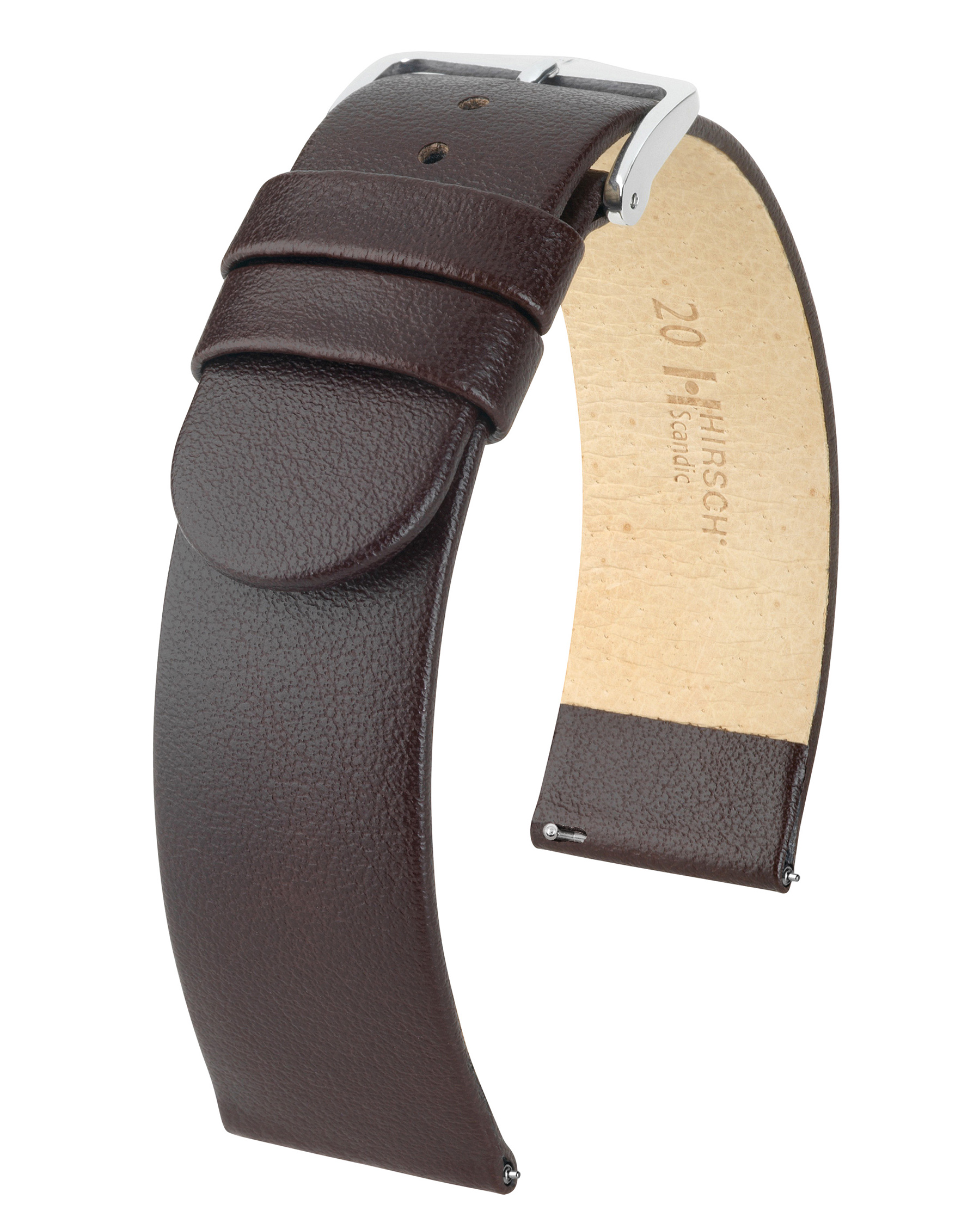 Braunes Leder-Uhrenarmband mit silberner Schnalle. Die Innenseite ist heller.