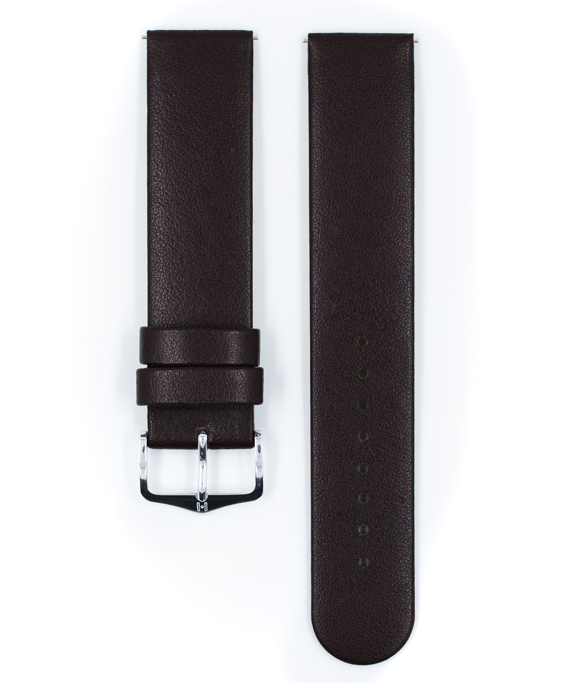 Braunes Leder-Uhrenarmband mit silberner Schnalle auf weißem Hintergrund. Die Oberfläche ist strukturiert.
