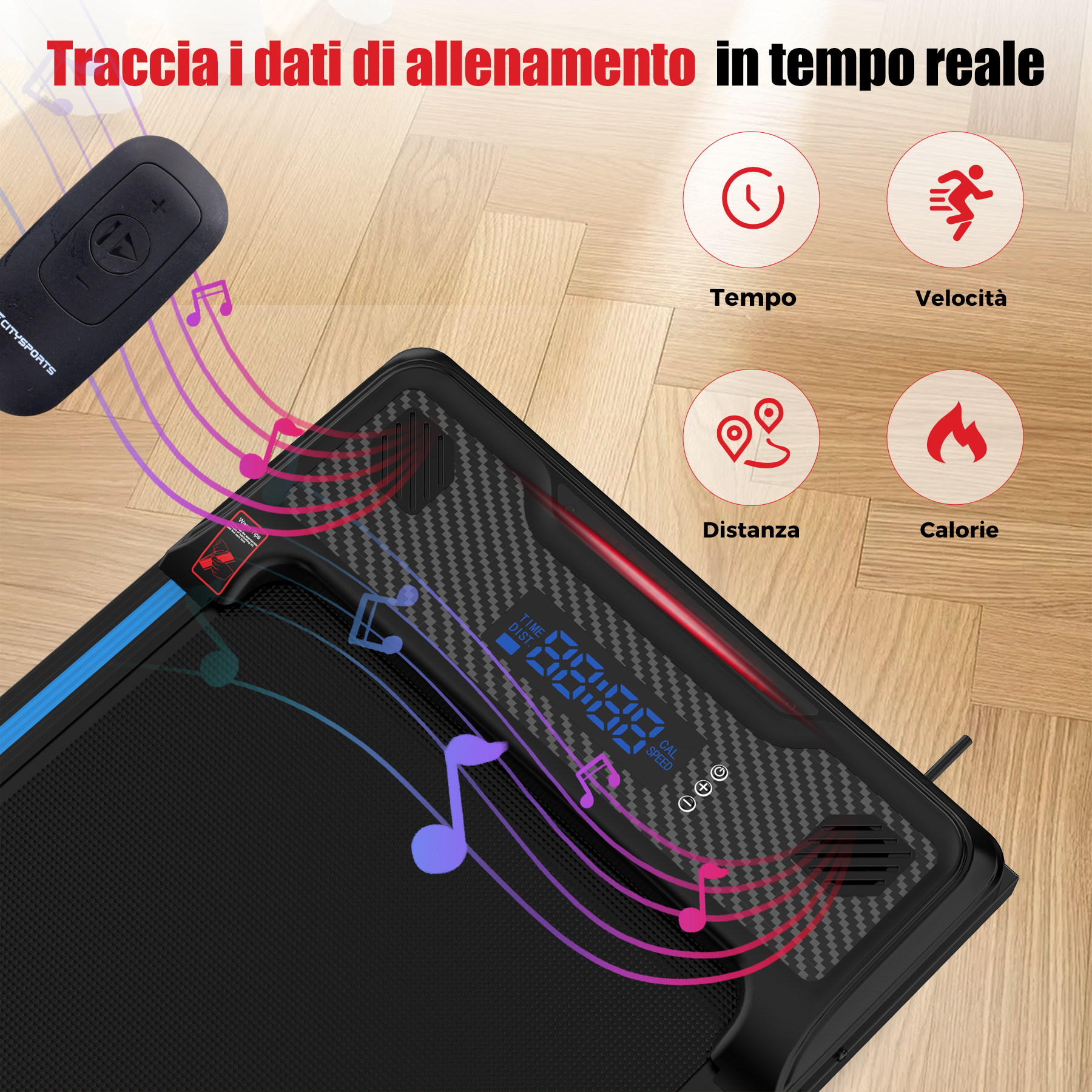 Un tapis roulant mostra dati: tempo, velocità, distanza e calorie. Telecomando a sinistra.