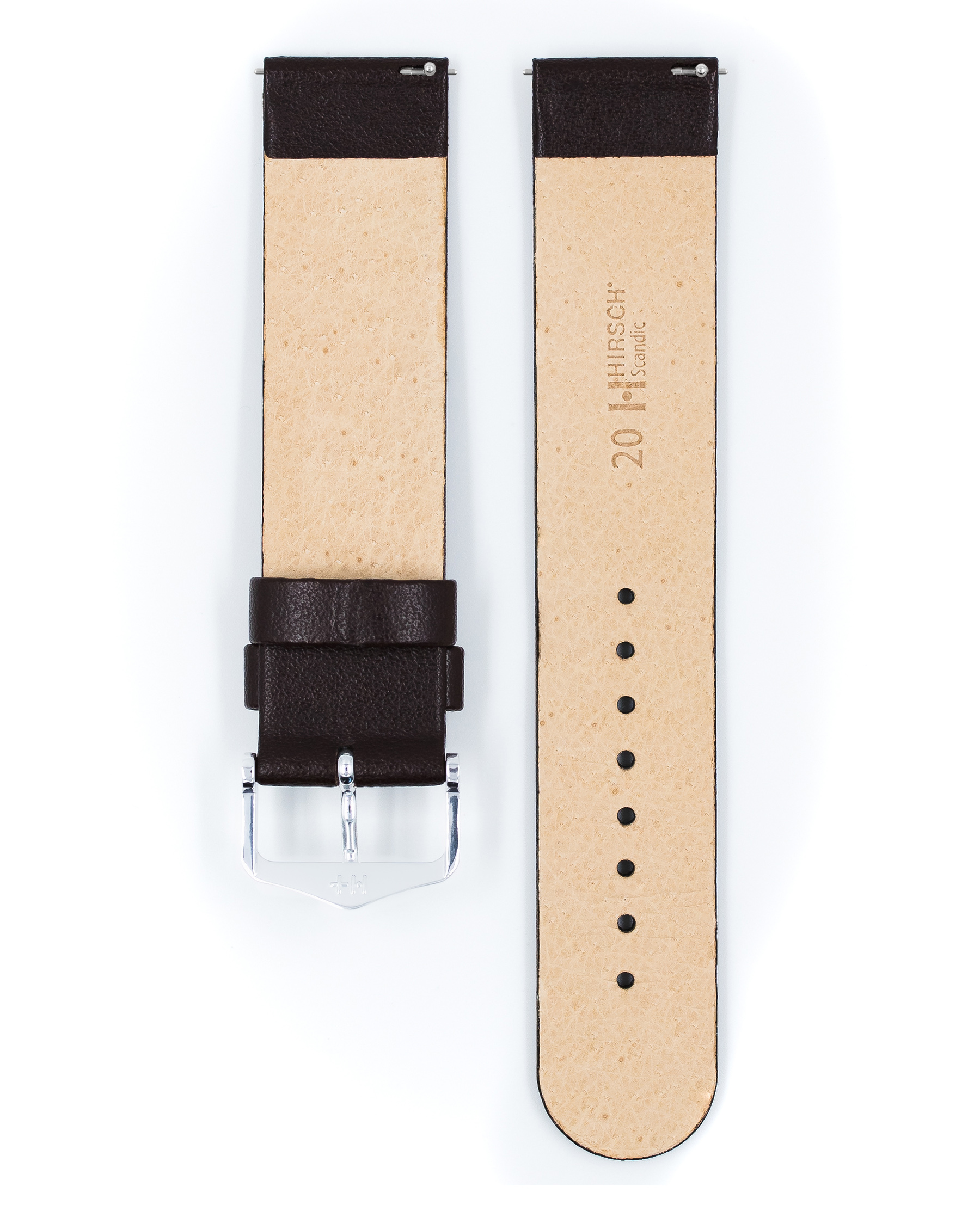 Braunes Leder-Uhrenarmband mit silberner Schnalle. Text: '20 HIRSCH Scandic'. Innenseite heller.
