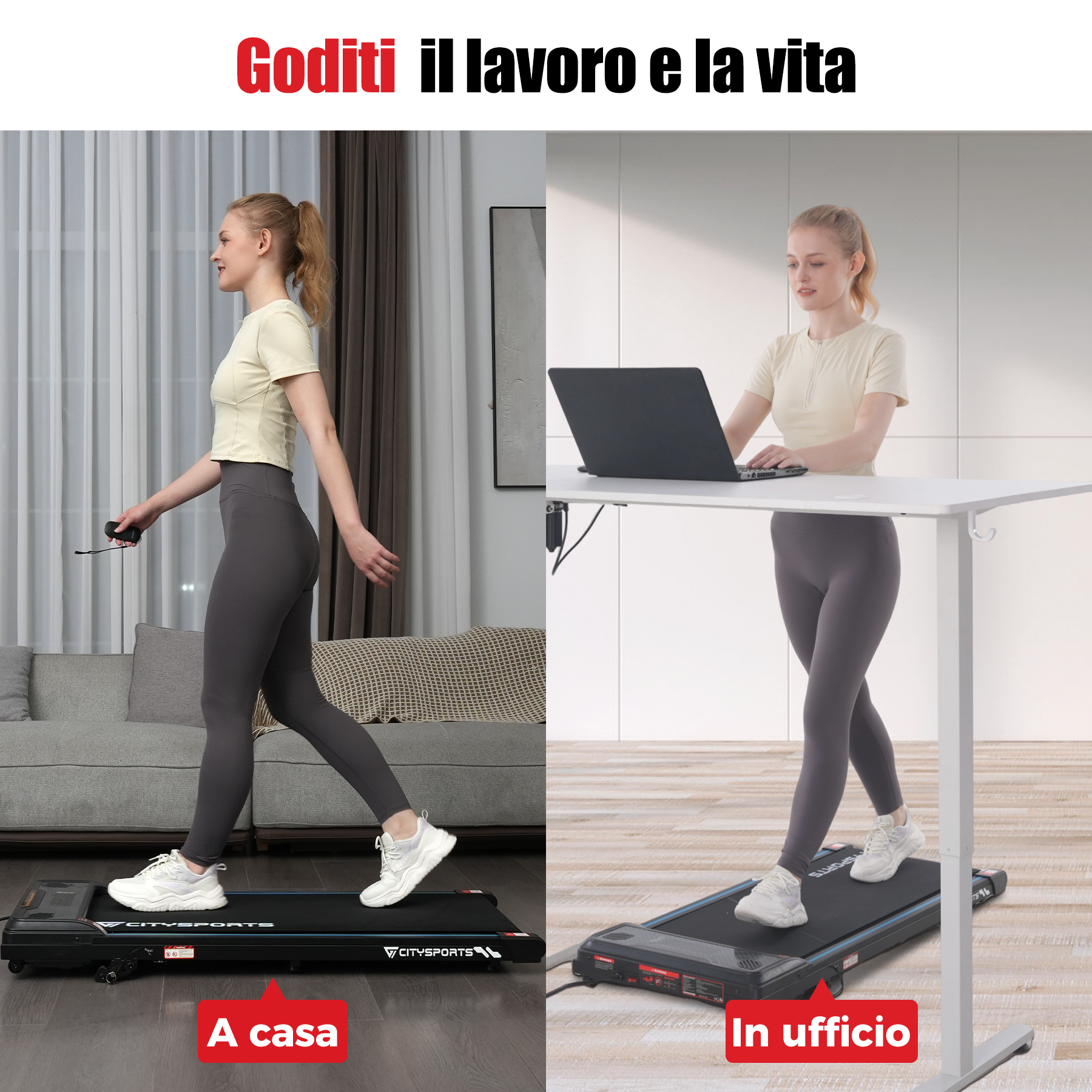 Due immagini: Donna che cammina sul tapis roulant a casa e altra donna in ufficio al laptop.