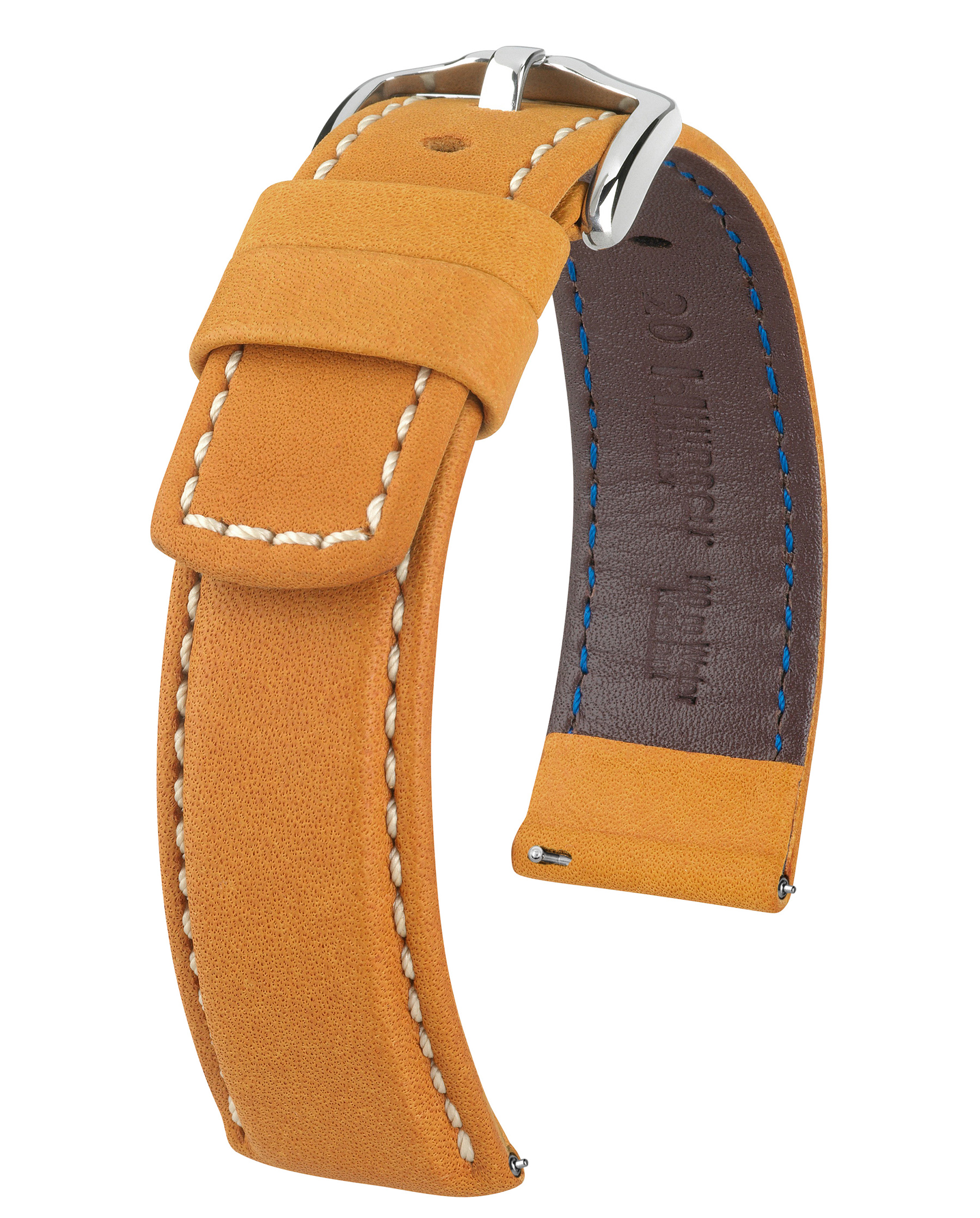 Oranges Leder-Uhrenarmband mit weißen Nähten. Innen braun, blaue Nähte sichtbar.
