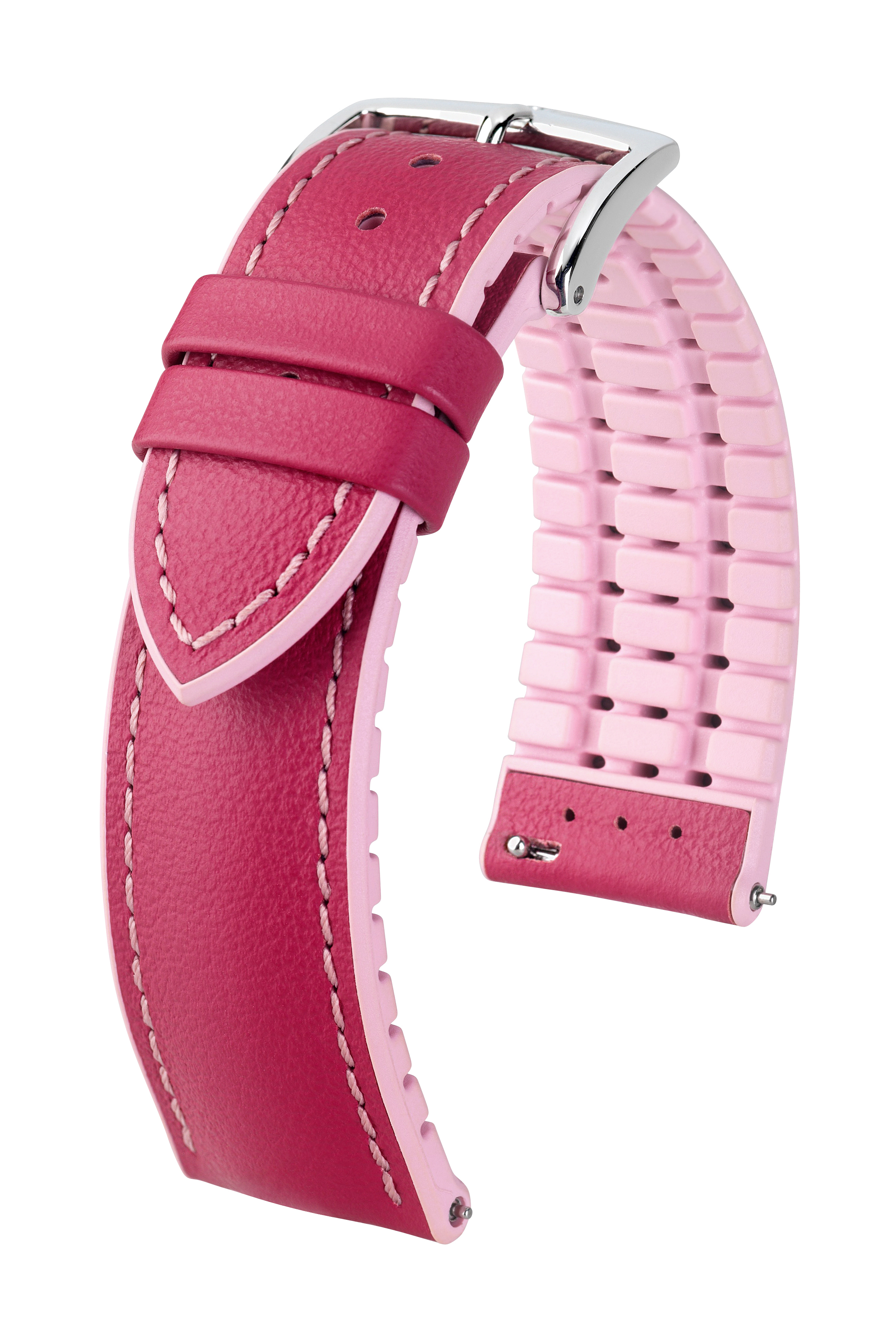 Rosa Leder-Uhrenarmband mit weißen Nähten, rosa Gummi-Rückseite und silberner Schnalle. Isoliert auf Weiß.