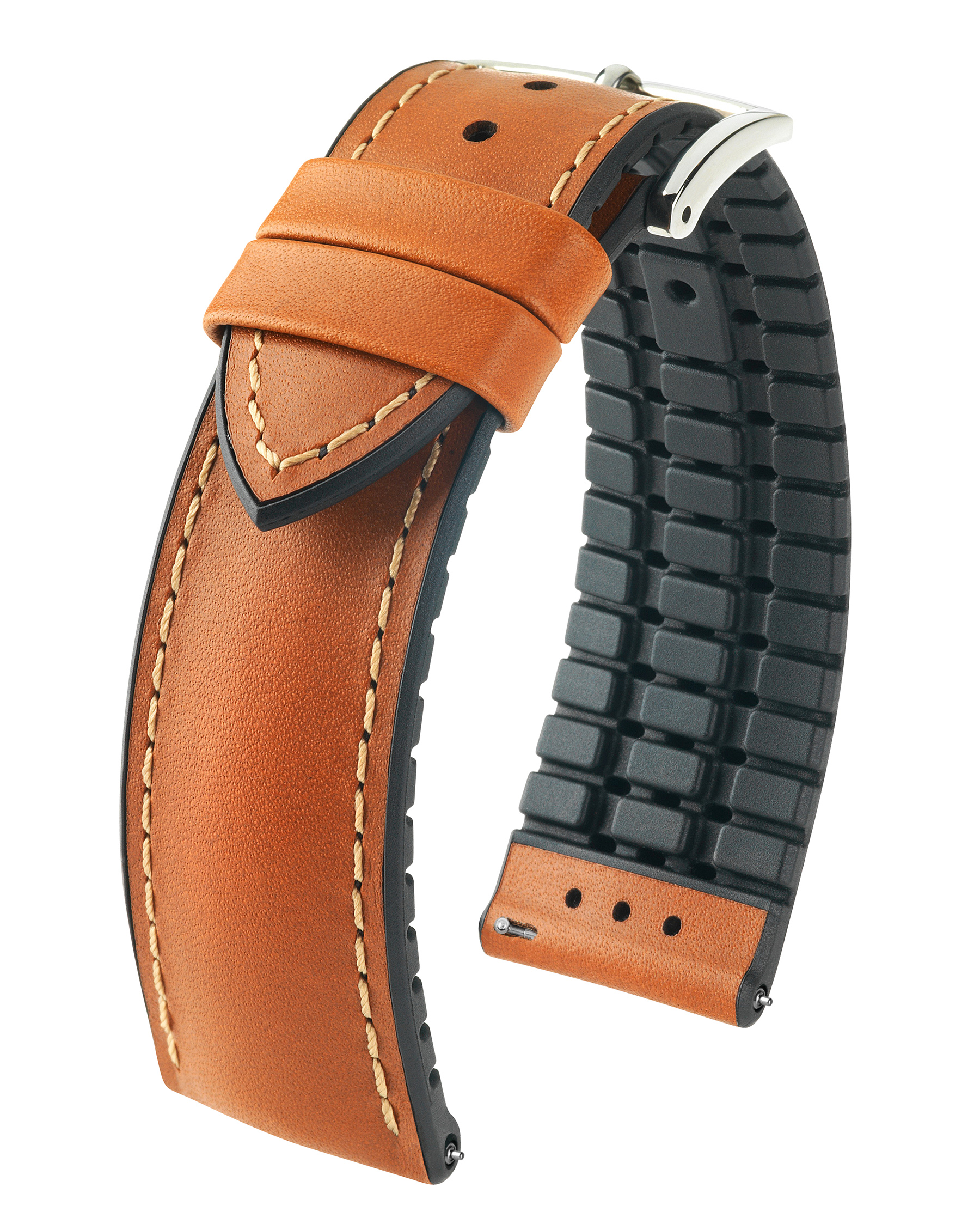 Braunes Leder-Uhrenarmband mit weißen Nähten, schwarzer Gummi-Rückseite und silberner Schnalle. Isoliert auf Weiß.