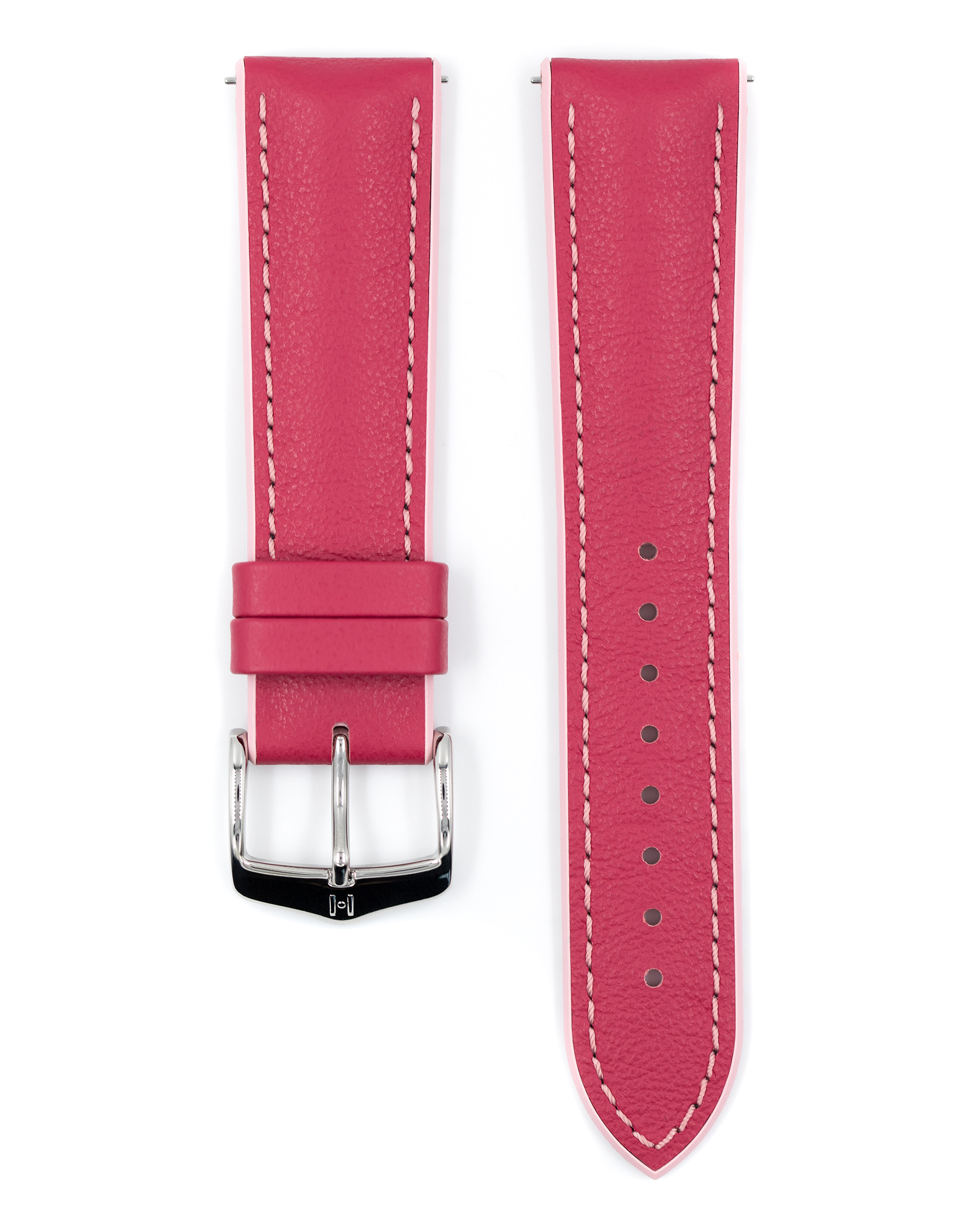 Zwei rosa Leder-Uhrenarmbänder mit weißen Nähten und einer silbernen Schnalle. Auf weißem Hintergrund isoliert.