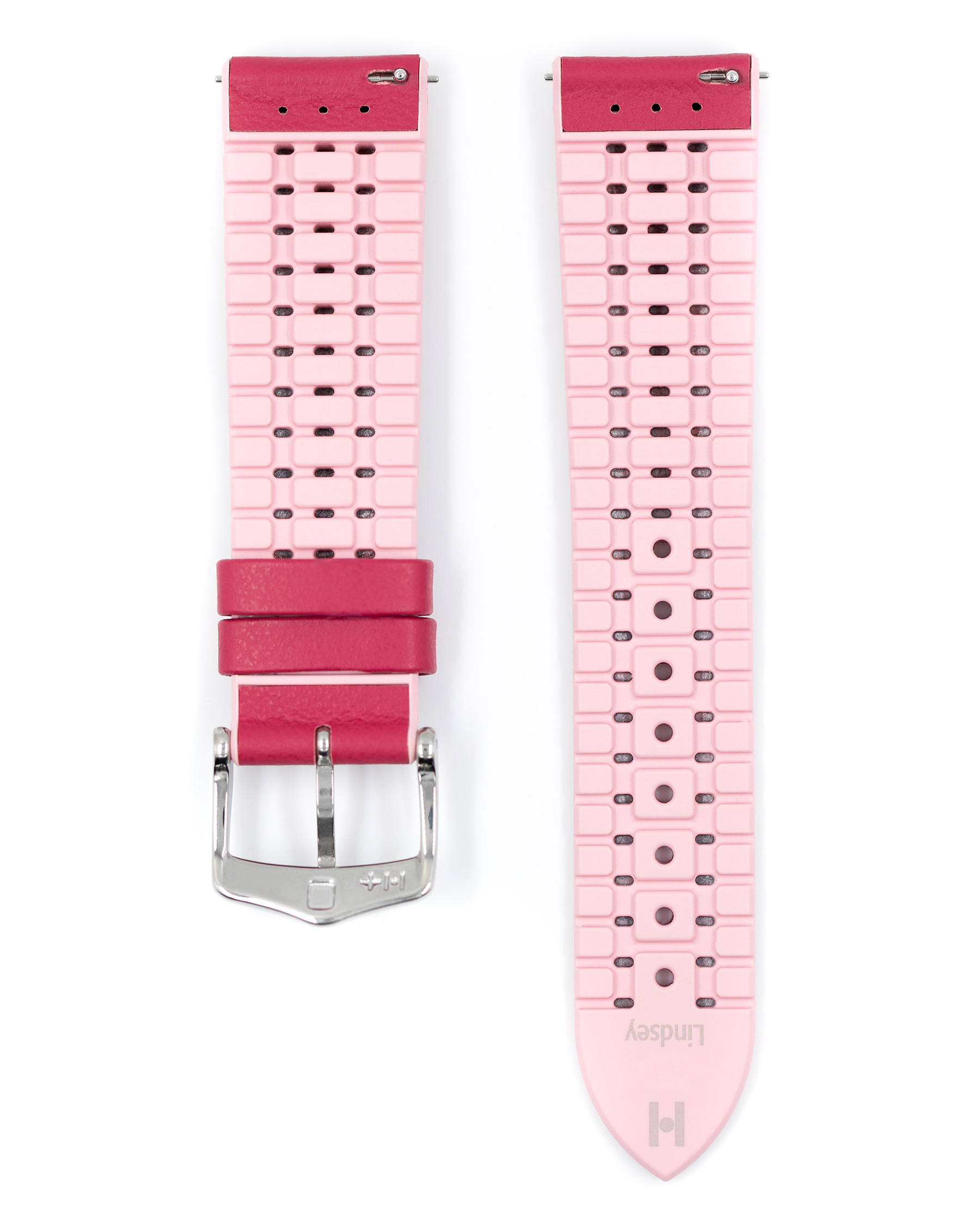 Rosa Leder- und Gummi-Uhrenarmband mit silberner Schnalle. Isoliert auf Weiß.