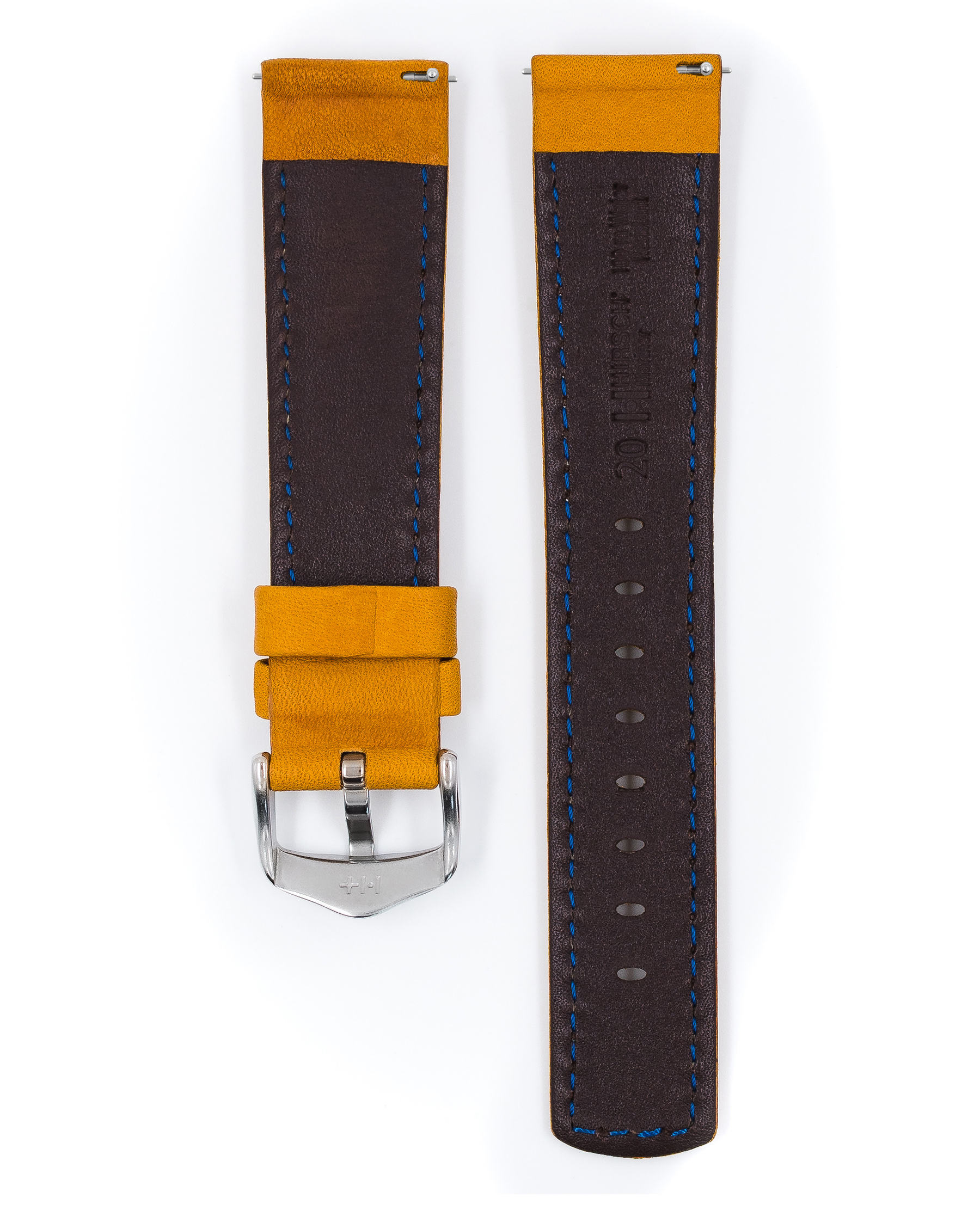 Senffarbenes Leder-Uhrenarmband mit blauen Nähten und silberner Schnalle. Auf weißem Hintergrund isoliert.