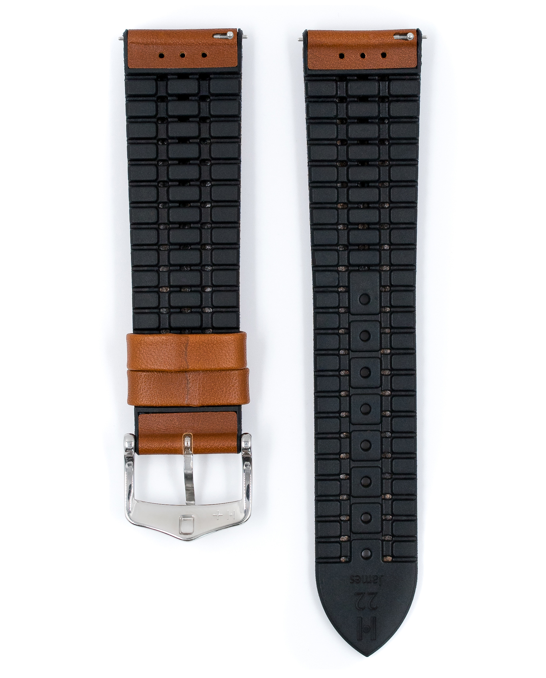 Braunes Leder-Uhrenarmband mit schwarzer Gummi-Rückseite und silberner Schnalle. Isoliert auf Weiß.