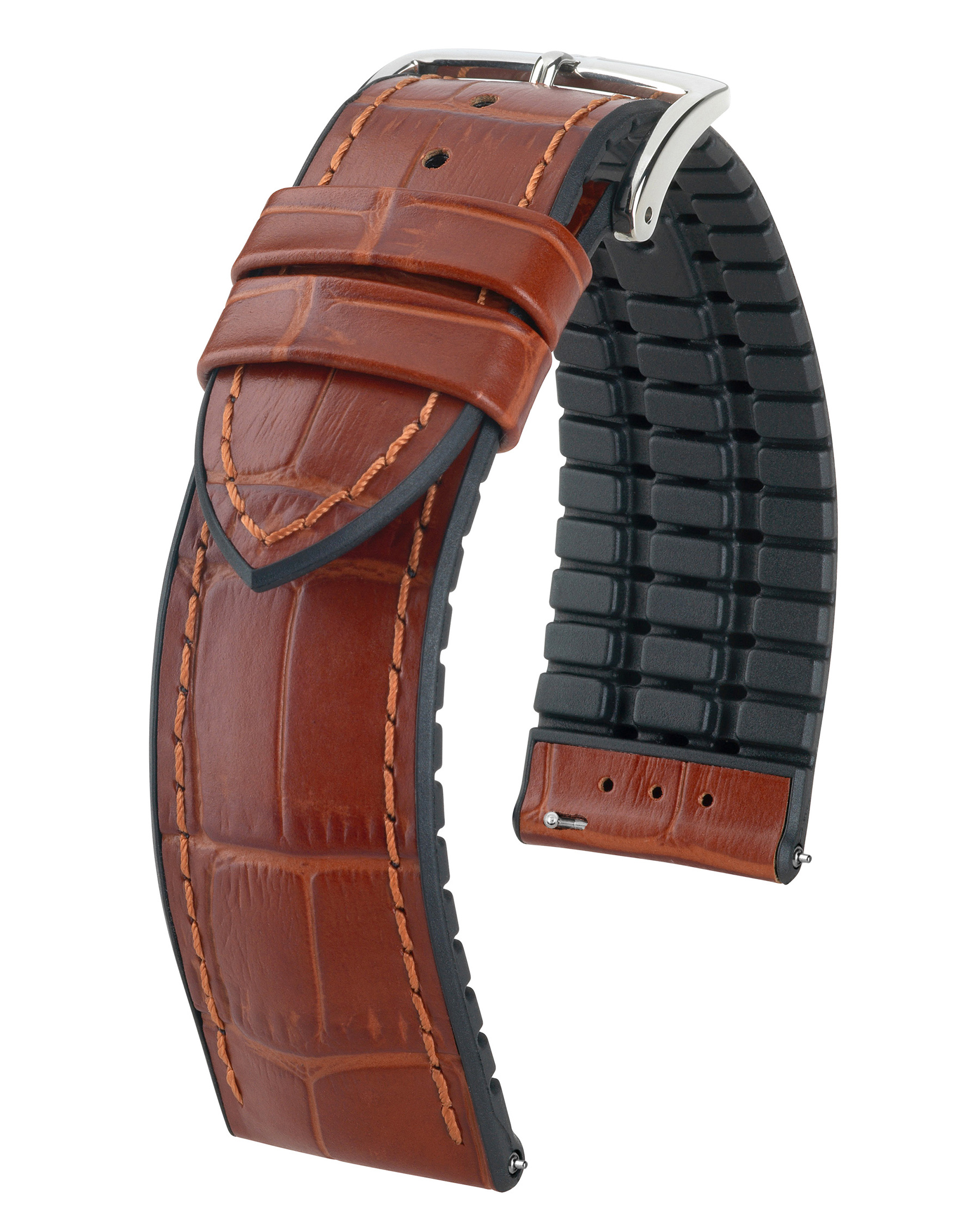 Braunes Leder-Uhrenarmband mit silberner Schnalle und schwarzem Gummi-Rücken. Isoliert auf Weiß.