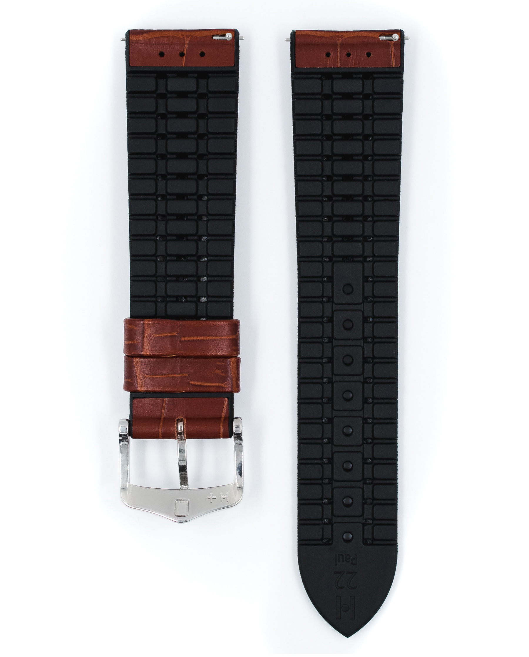 Braune Leder-Uhrenarmbänder mit schwarzem Gummi-Rücken und silberner Schnalle. Isoliert auf Weiß.