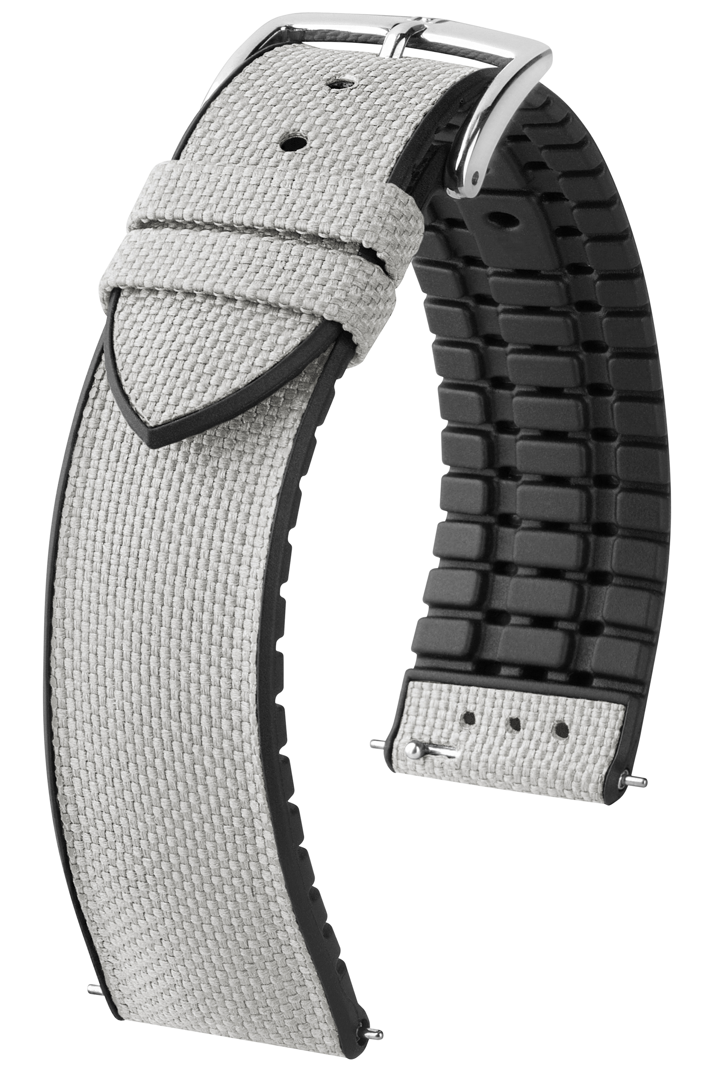 Graues Textil-Uhrenarmband mit schwarzem Gummi-Rücken und silberner Schnalle. Auf weißem Hintergrund isoliert.