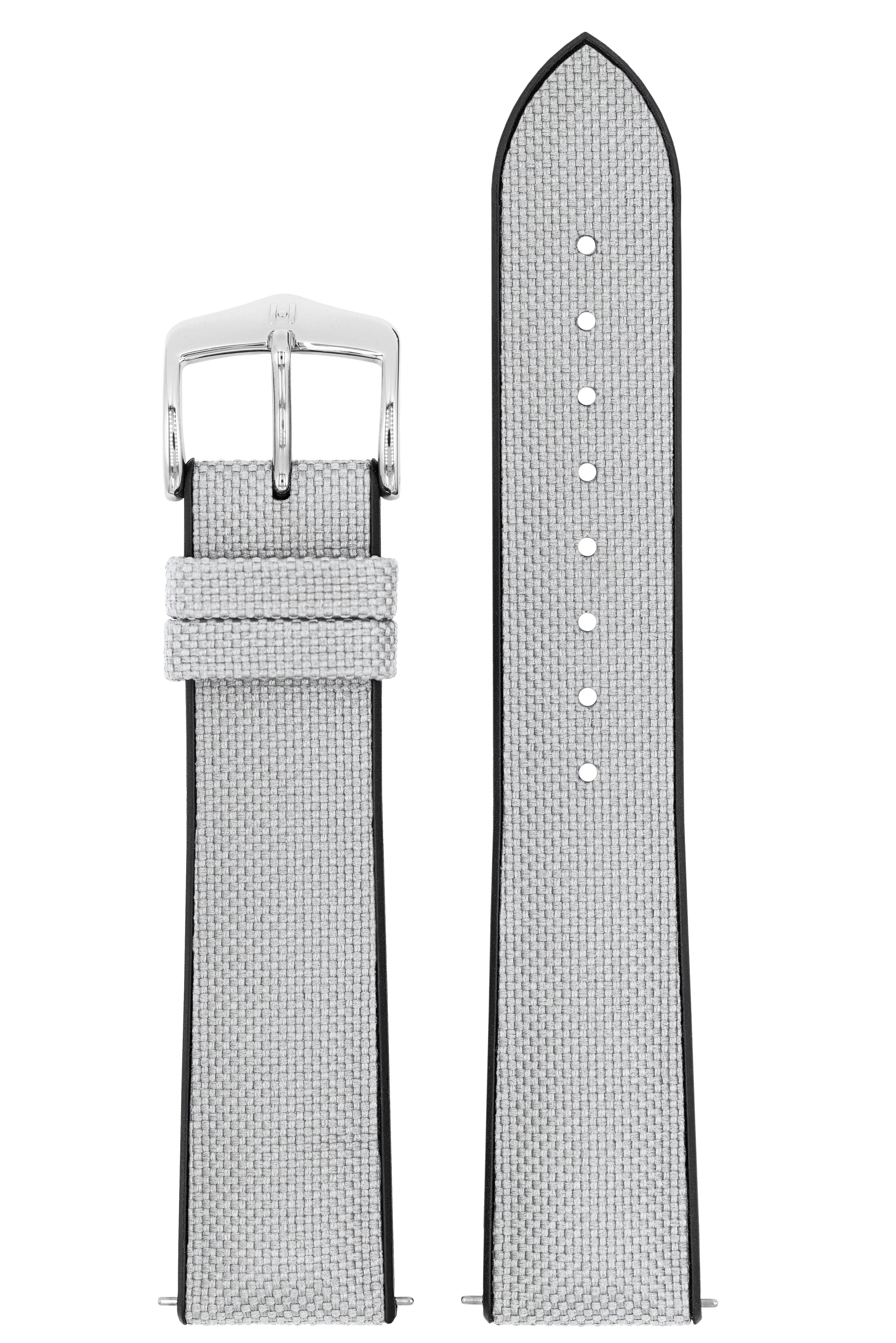 Graue Textil-Uhrenarmbänder mit silberner Schnalle. Auf weißem Hintergrund isoliert.