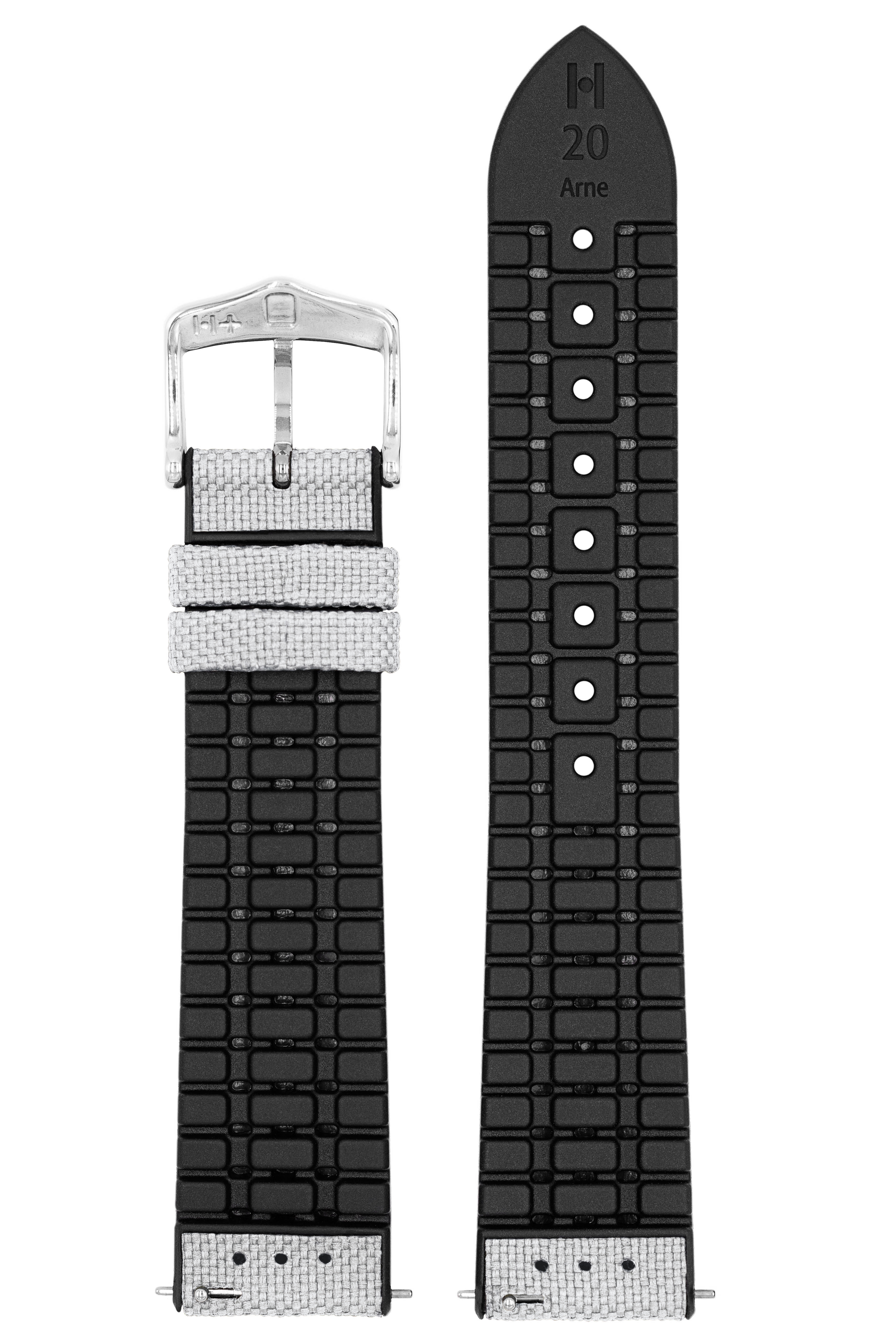 Graue Textil-Uhrenarmbänder mit schwarzem Gummi-Rücken und silberner Schnalle. Auf weißem Hintergrund isoliert.