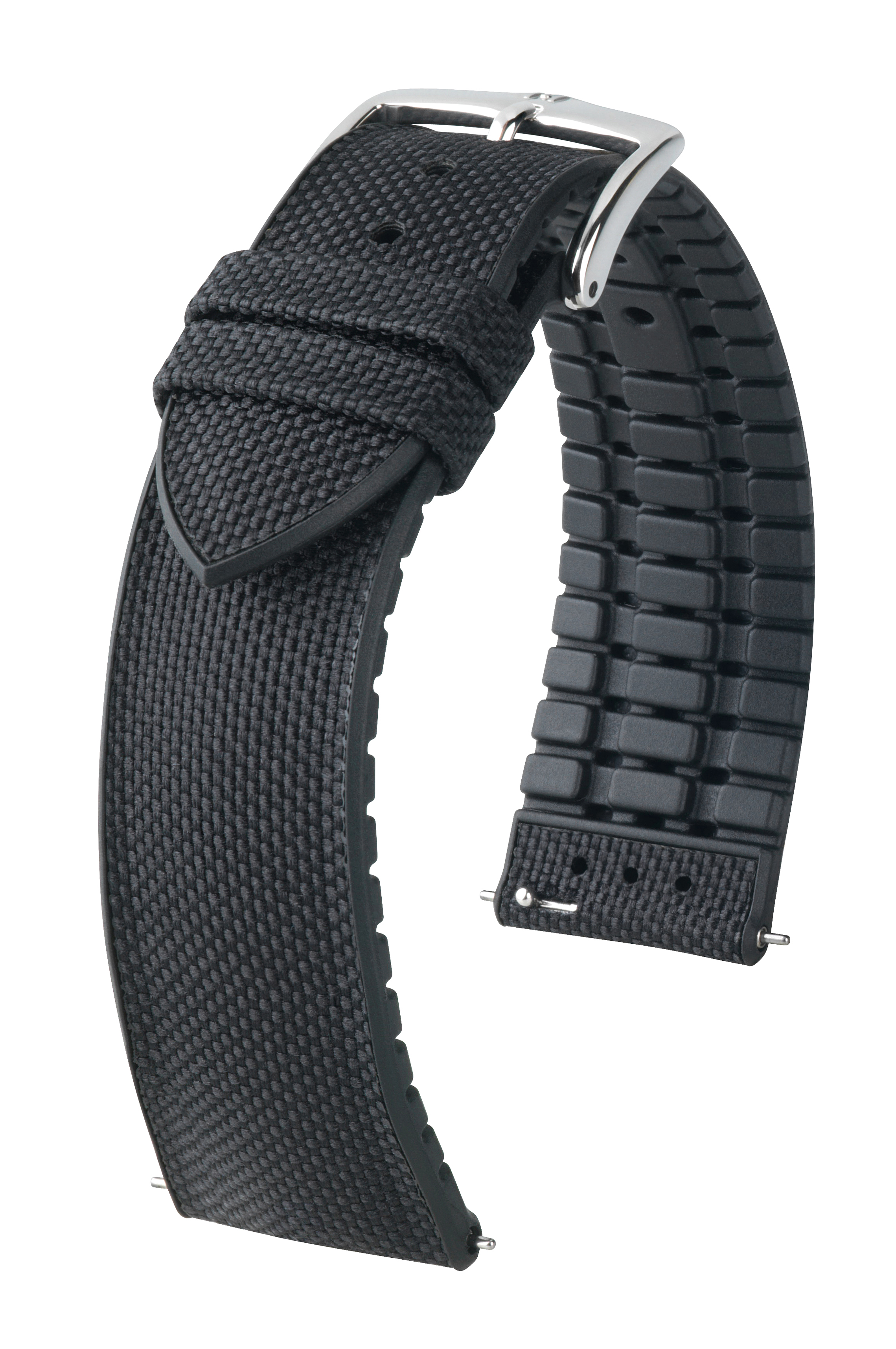 Schwarzes, strukturiertes Uhrenarmband mit schwarzem Gummi-Rücken und silberner Schnalle. Isoliert auf Weiß.