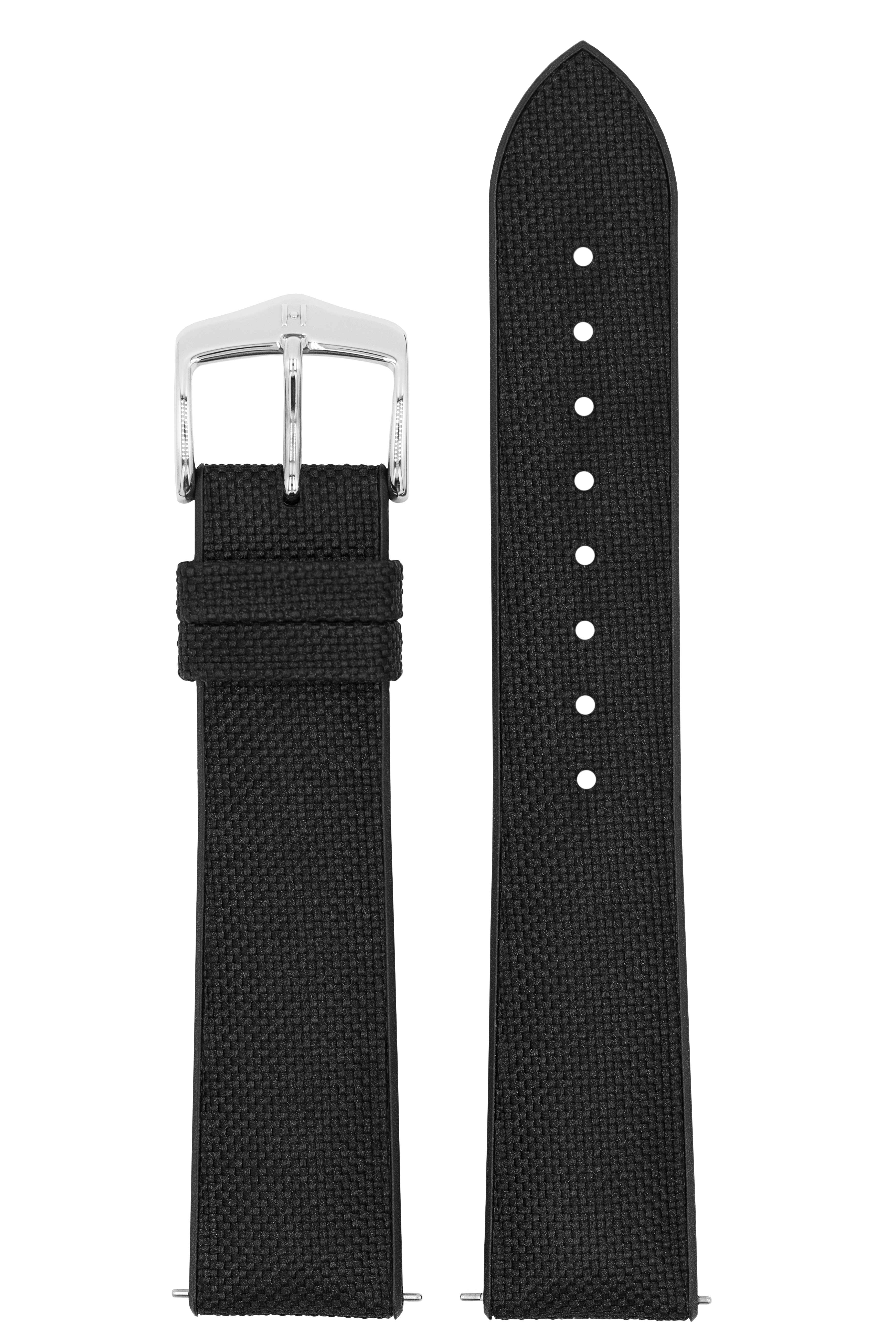 Schwarzes Uhrenarmband mit silberner Schnalle, strukturierter Oberfläche und schmalem Riemen.