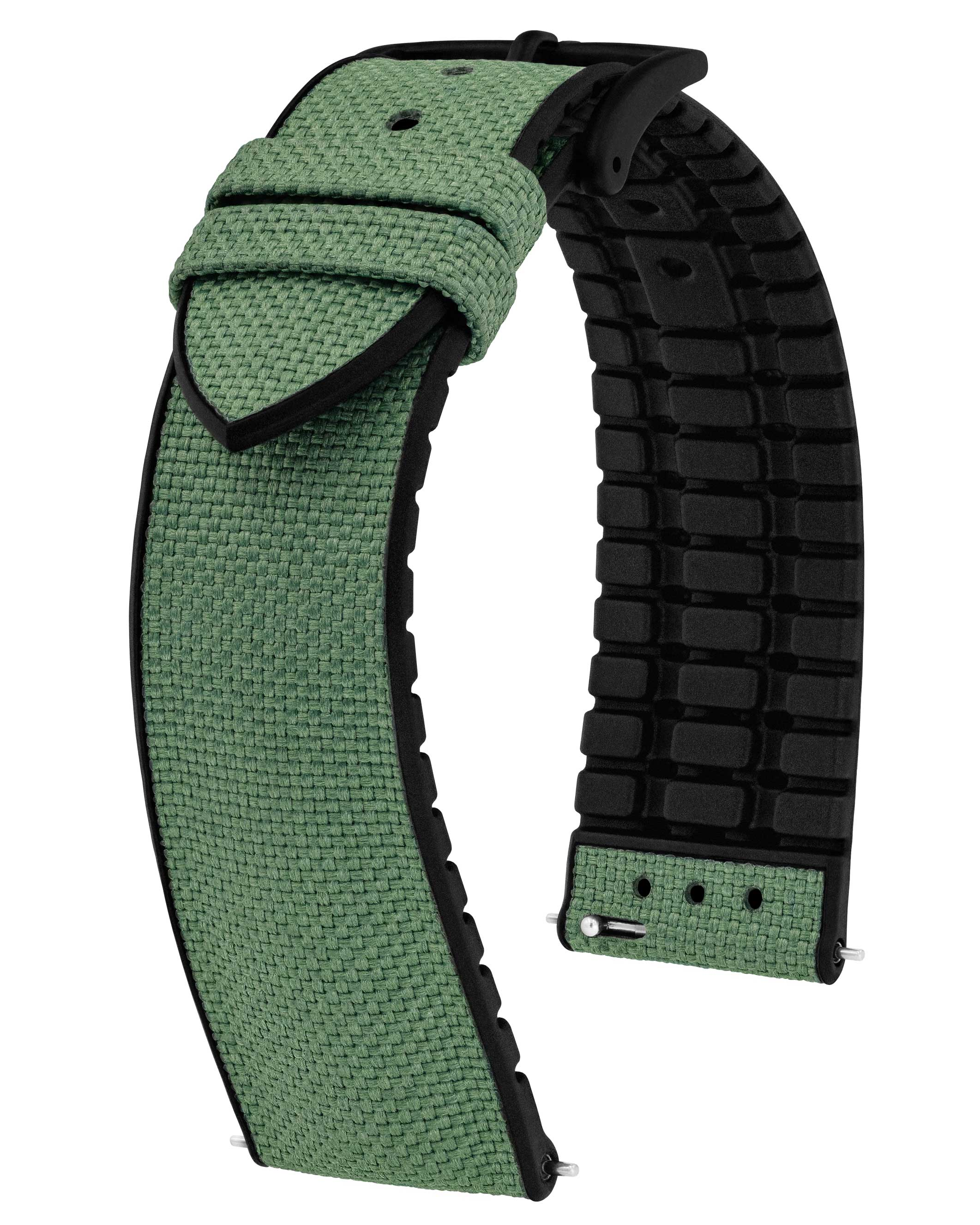 Grünes Uhrenarmband mit schwarzen Kanten und einem schwarzen Gummiteil, gebogen und abgewinkelt.