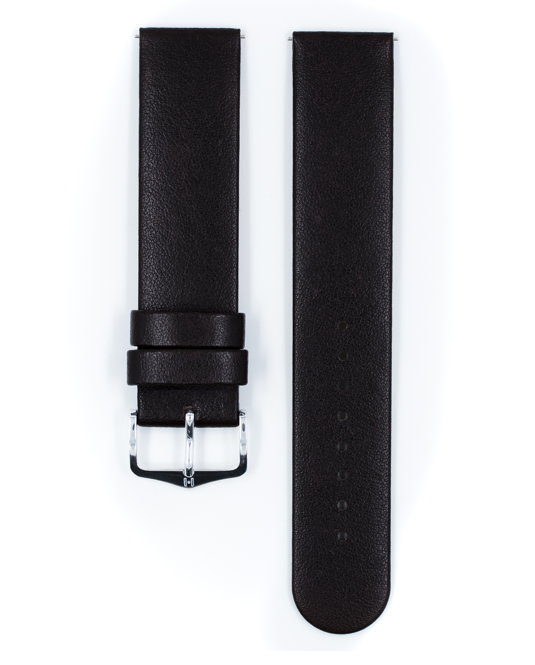 Dunkelbraunes Uhrenarmband mit silberner Schnalle, schlichte Lederstruktur und hellem Hintergrund.