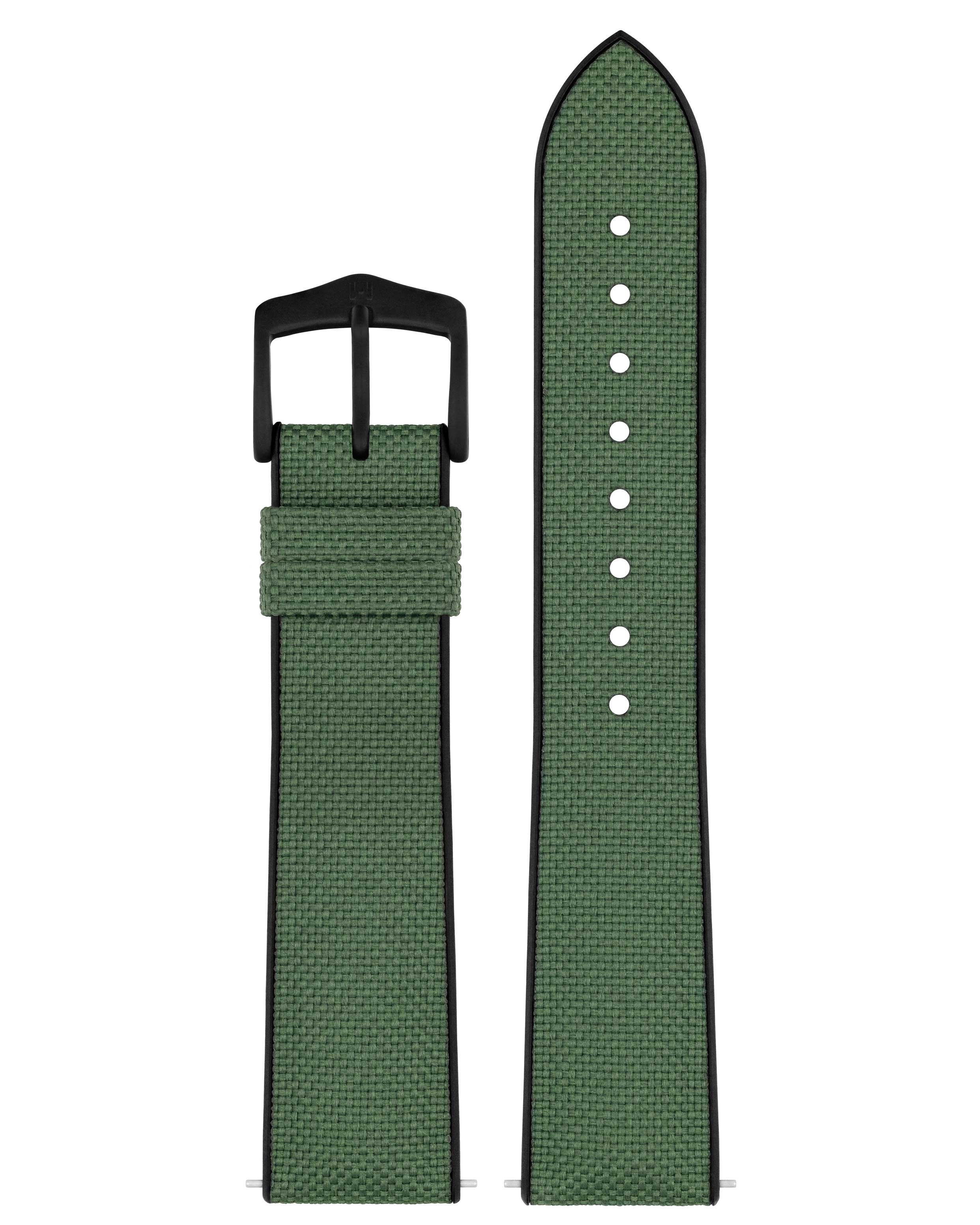 Grünes Uhrenarmband mit schwarzen Kanten, schwarzer Schnalle und strukturierter grüner Oberfläche.