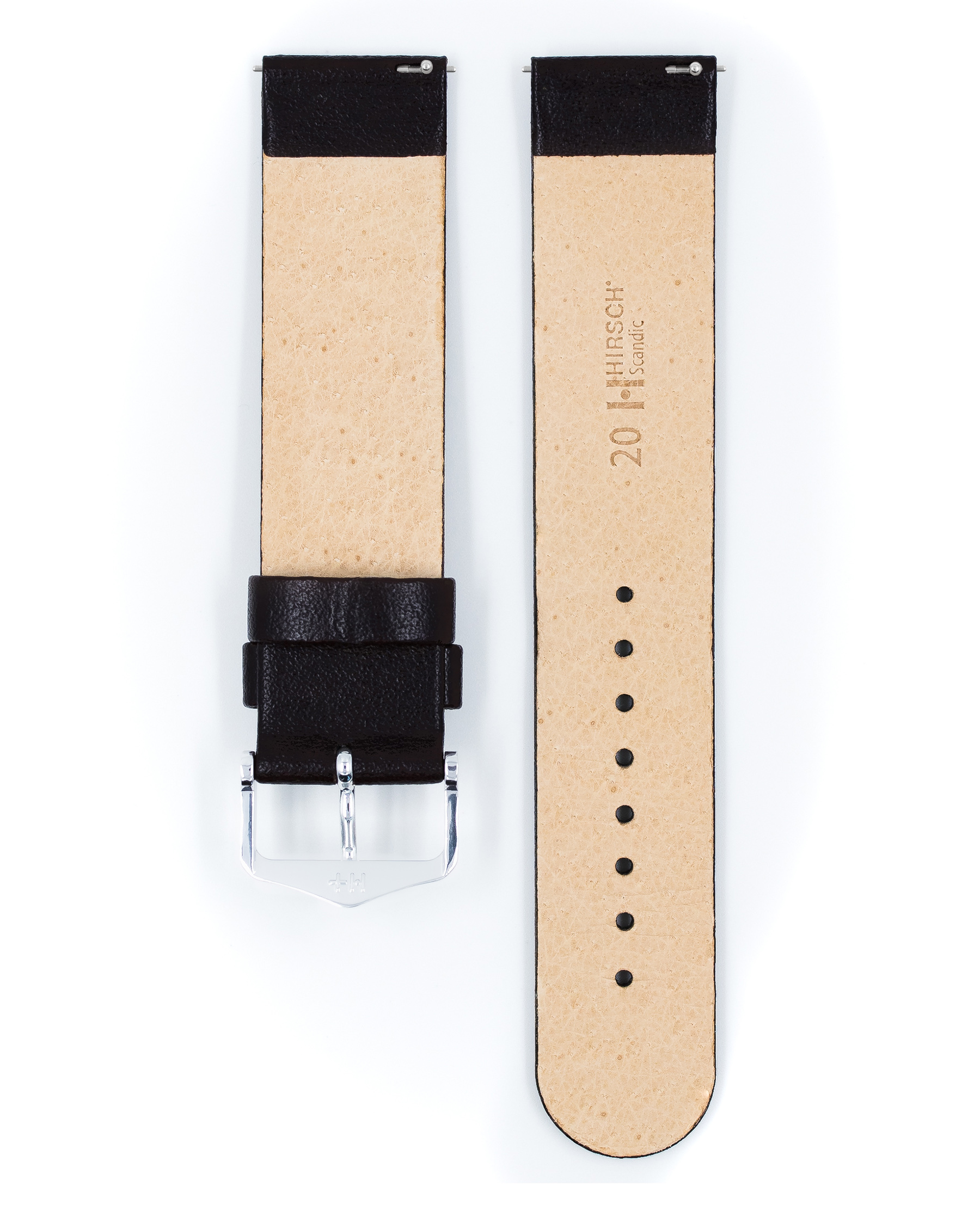 Schwarzes Uhrenarmband mit silberner Schnalle, schlichtem schwarzen Leder und hellbraunem Innenfutter.