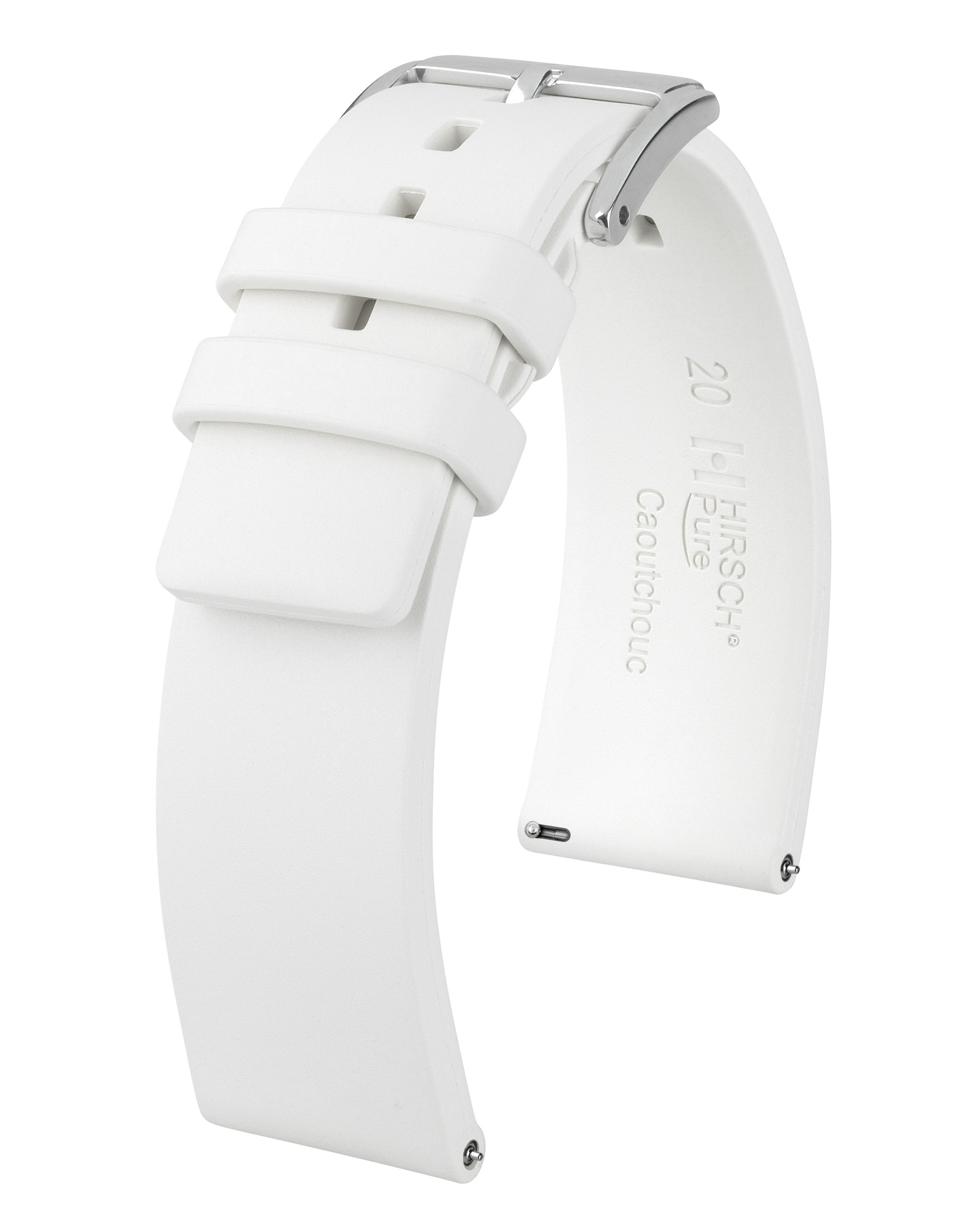 Weißes Uhrenarmband mit silberner Schnalle, gebogener Form und geprägtem Markennamen.