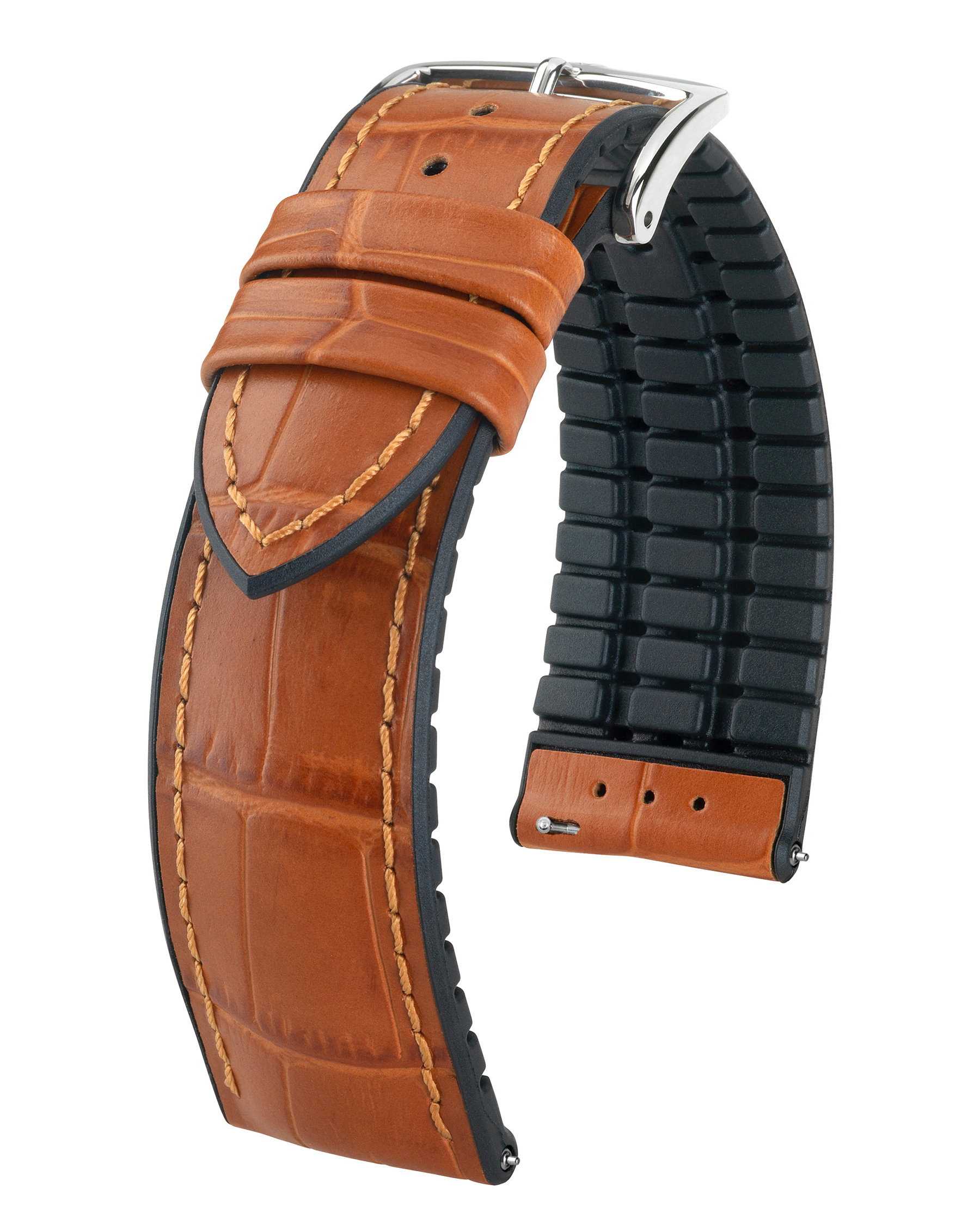 Braunes Uhrenarmband mit Alligator-Muster und schwarzem Futter. Silberne Schnalle befestigt.