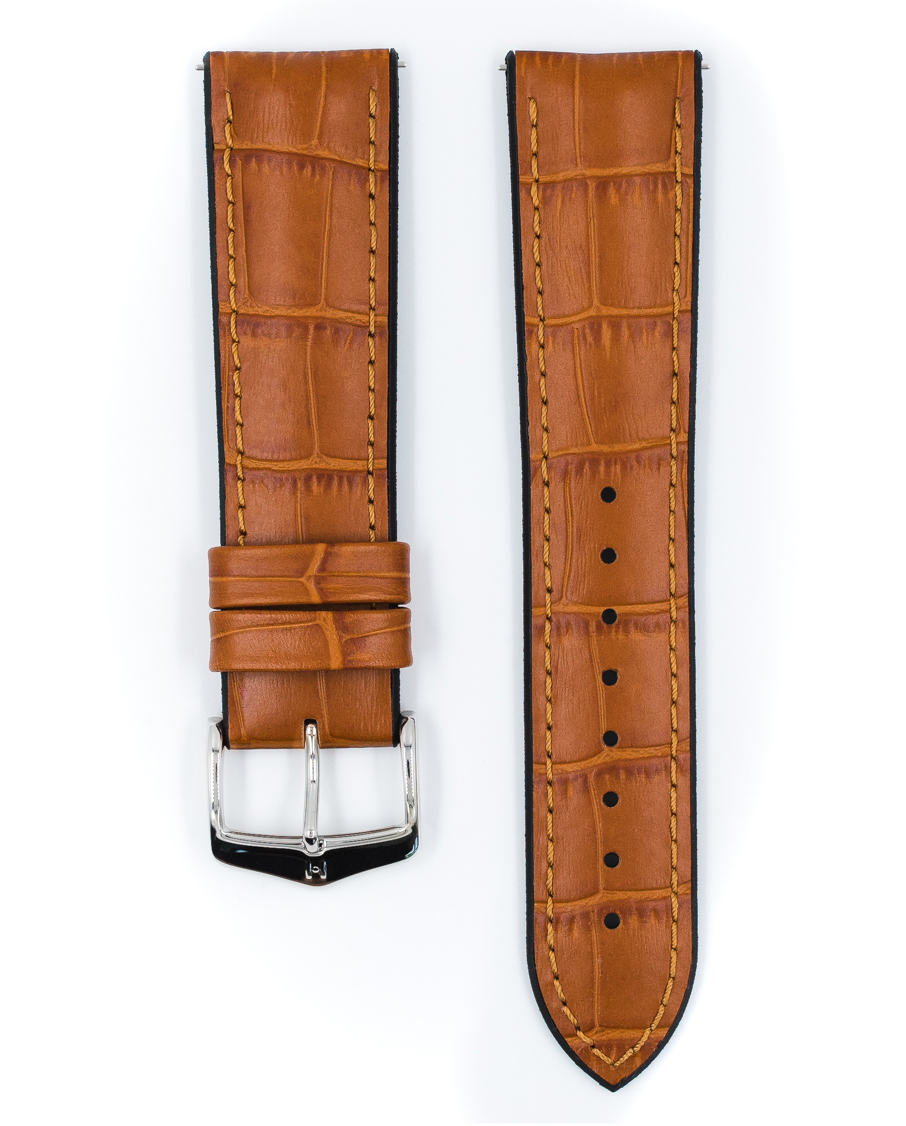 Braune Alligator-Uhrenarmbänder mit silberner Schnalle. Schwarze Kanten. Weißer Hintergrund.