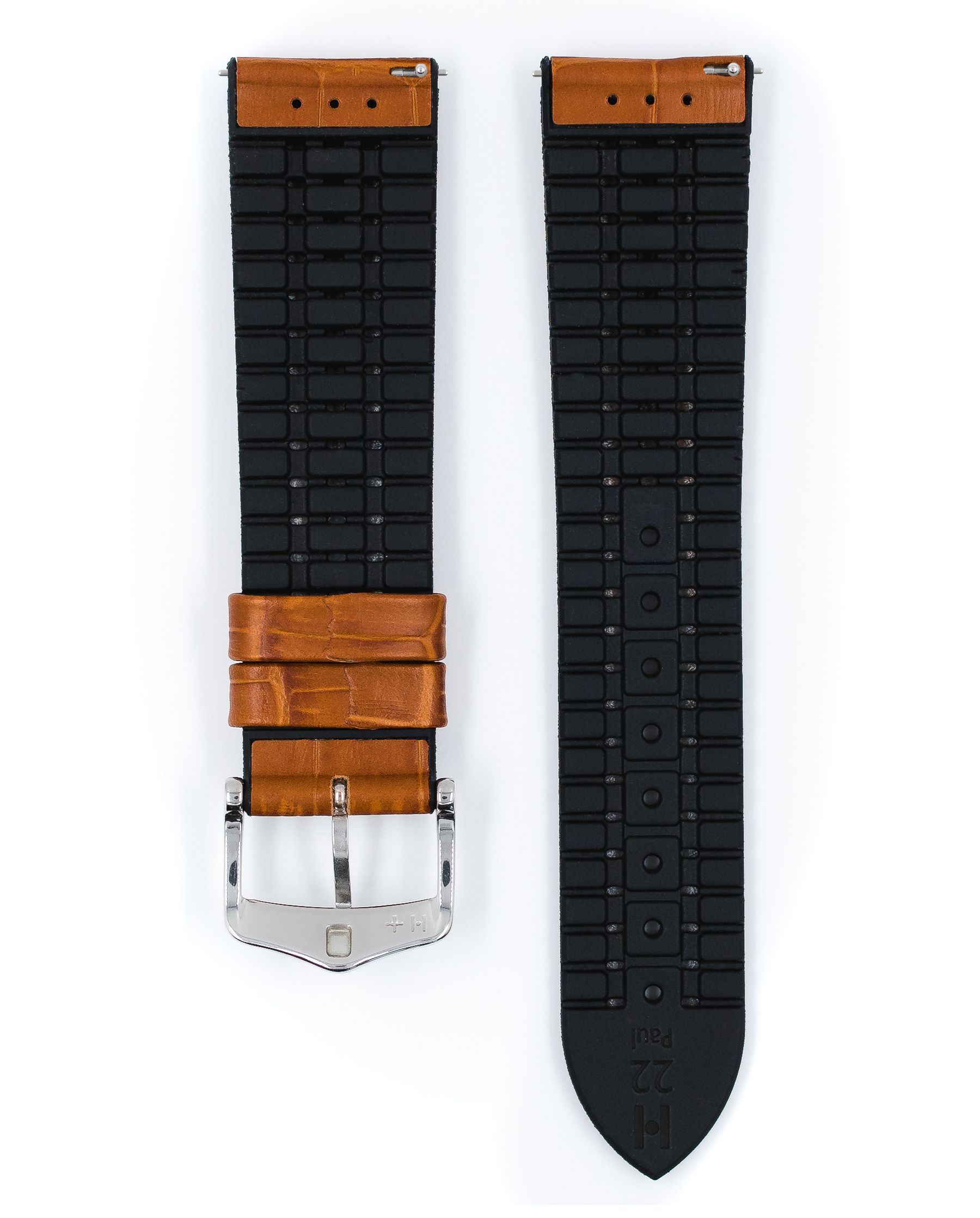 Braunes Alligator-Uhrenarmband mit schwarzer Rückseite. Silberne Schnalle. Weißer Hintergrund.