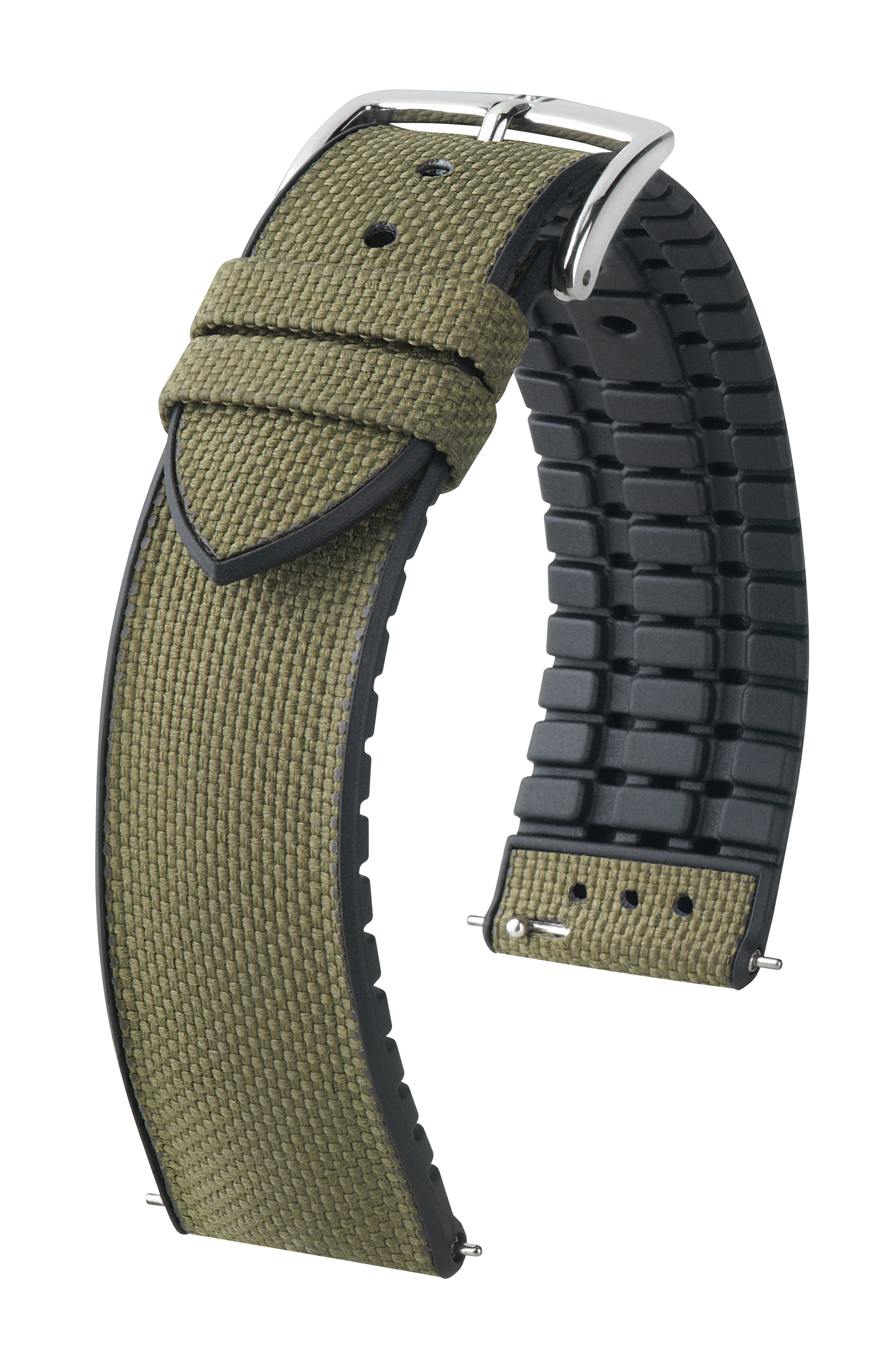 Olivgrünes Canvas-Uhrenarmband mit schwarzen Details. Silberne Schnalle. Schwarzer Hintergrund.