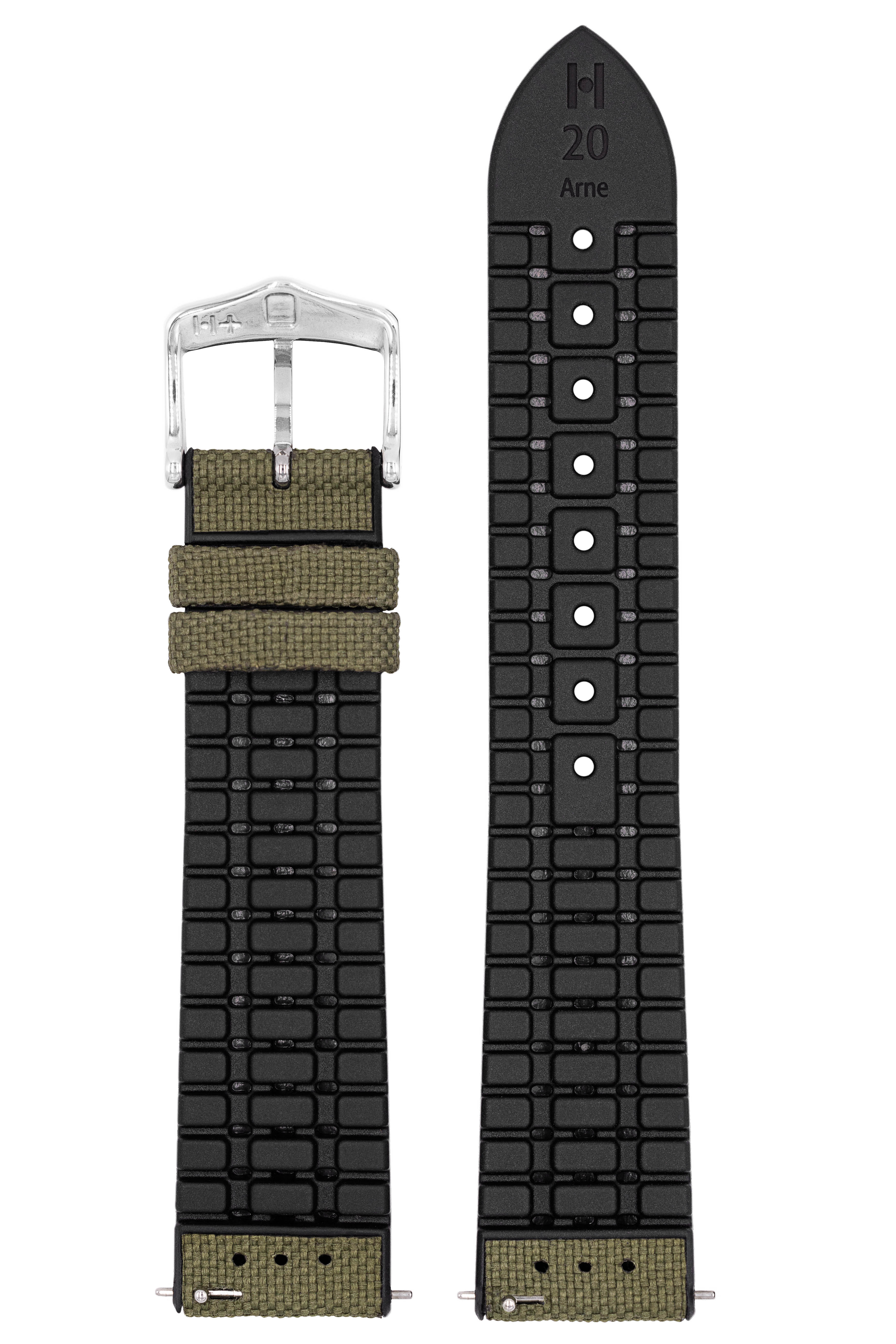 Olivgrünes Canvas-Uhrenarmband mit schwarzer Rückseite. Silberne Schnalle. Weißer Hintergrund.
