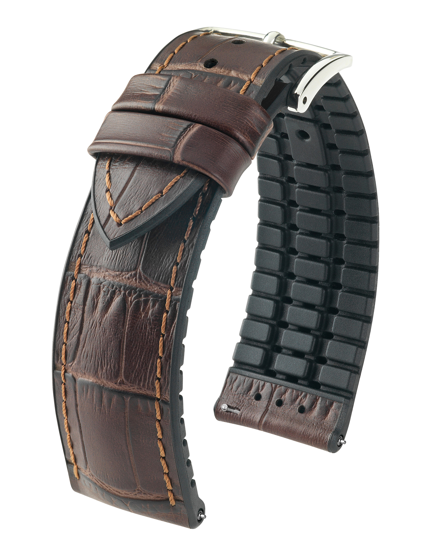 Braunes Alligator-Uhrenarmband mit schwarzem Futter. Silberne Schnalle befestigt. Weißer Hintergrund.