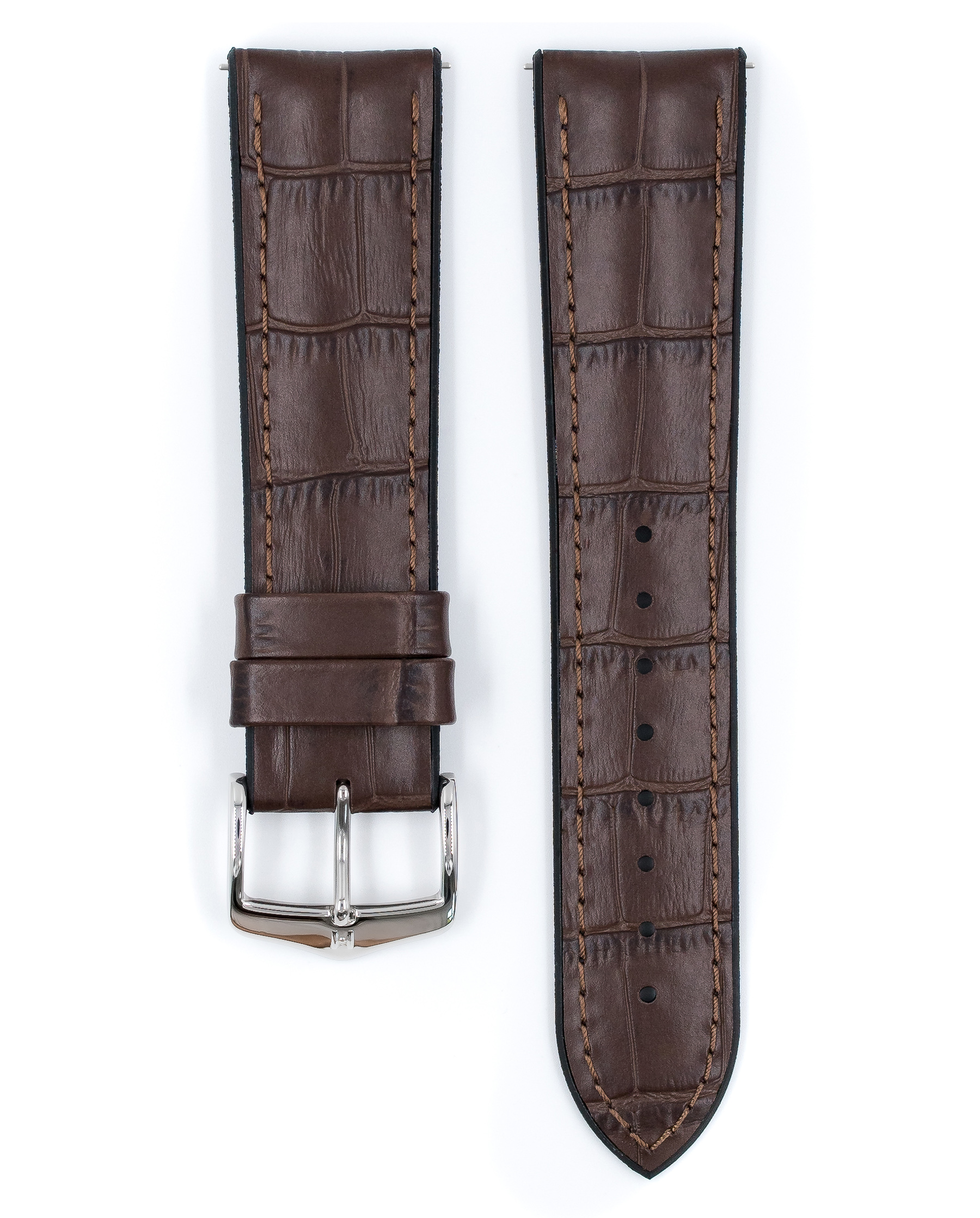Braune Alligator-Uhrenarmbänder mit schwarzen Rändern. Silberne Schnalle. Weißer Hintergrund.