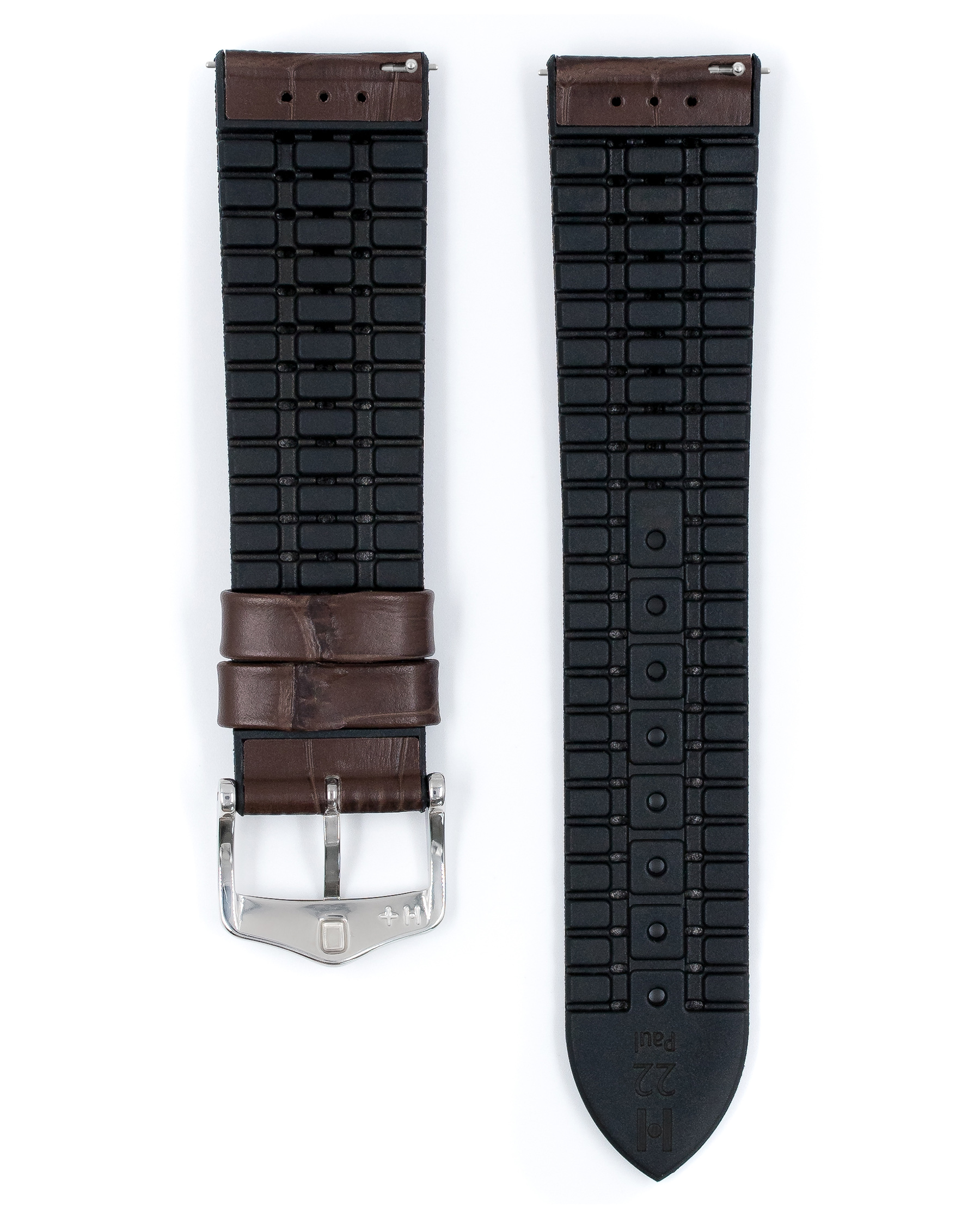 Braunes Alligator-Uhrenarmband mit schwarzer Rückseite. Silberne Schnalle. Weißer Hintergrund.