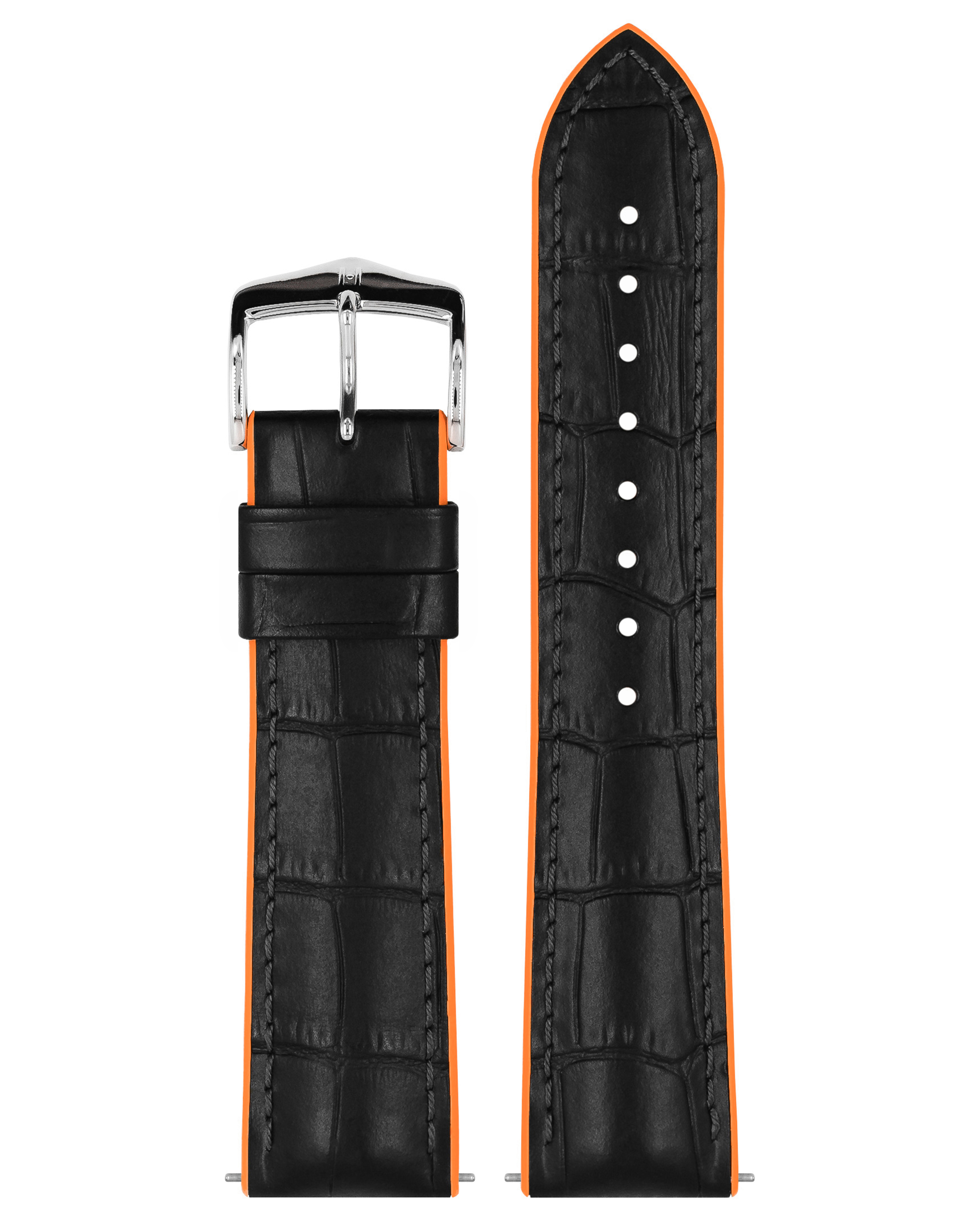 Schwarze Alligator-Uhrenarmbänder mit orangefarbenen Rändern. Silberne Schnalle. Weißer Hintergrund.