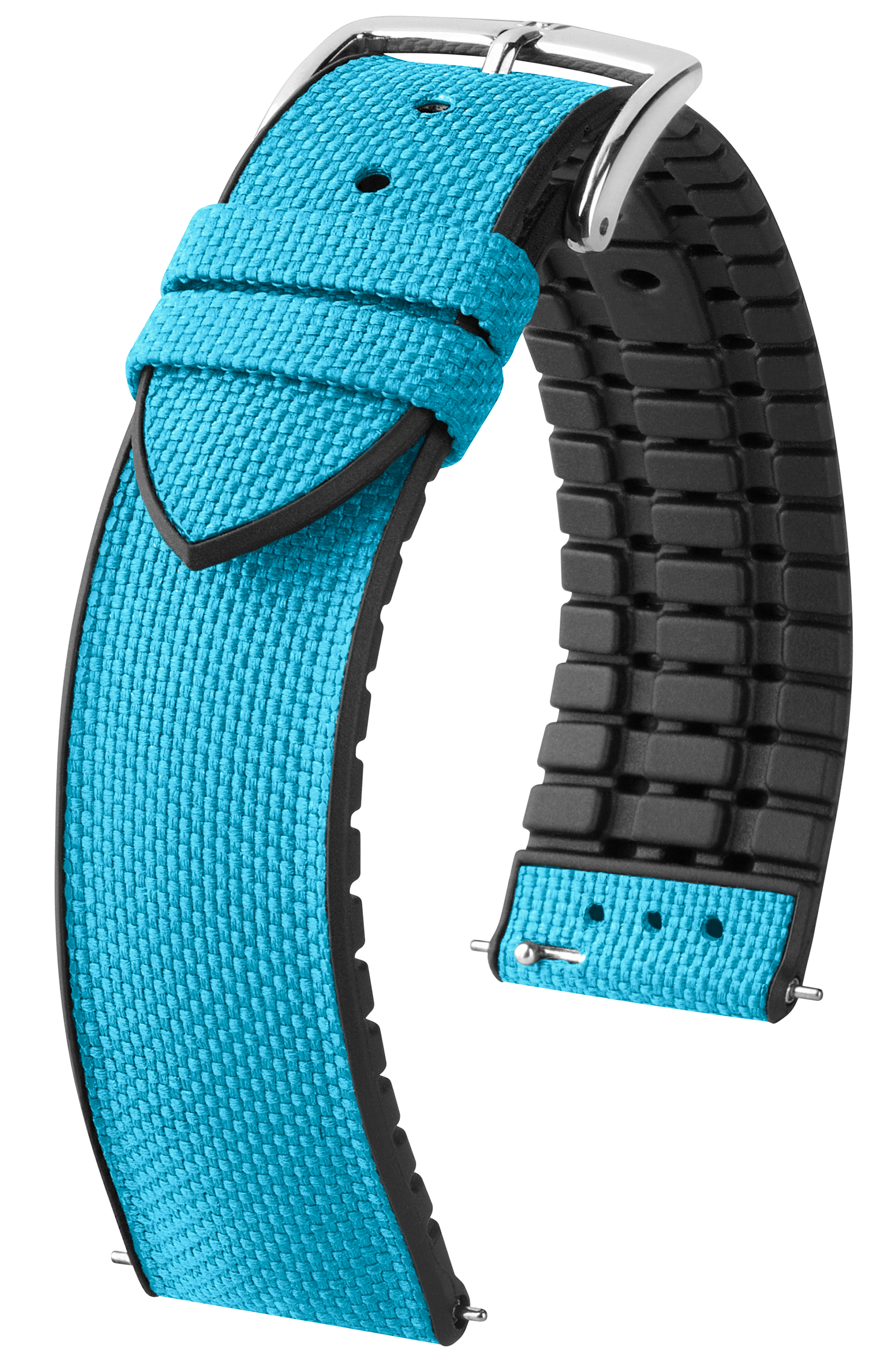 Türkisfarbenes Canvas-Uhrenarmband mit schwarzen Rändern. Silberne Schnalle. Weißer Hintergrund.