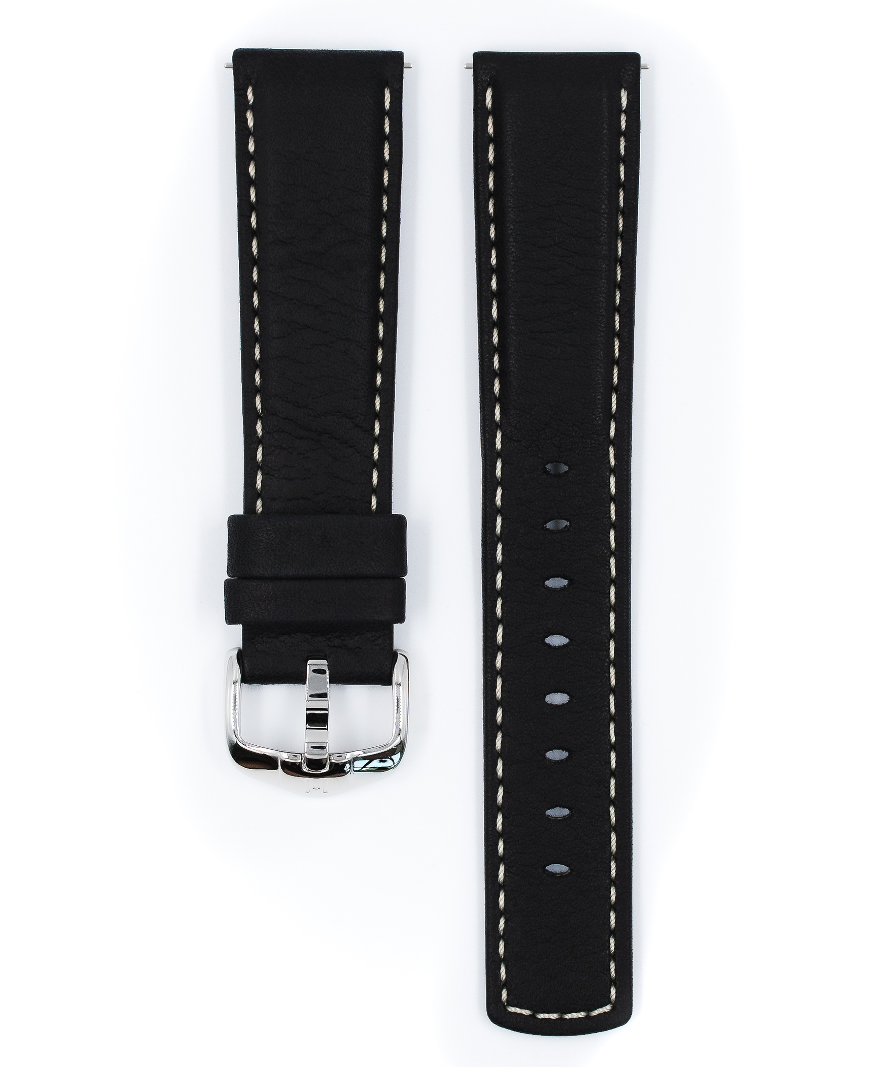 Schwarzes Lederarmband mit weißen Nähten und silberner Schnalle. Von oben gesehen.